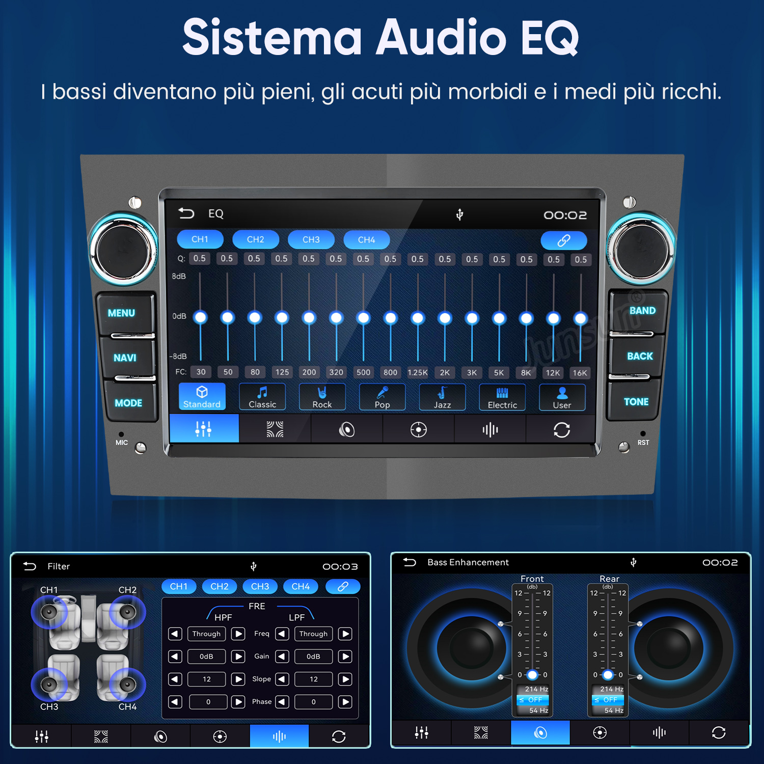 Schermate EQ, filtro e bass boost del sistema audio per auto.