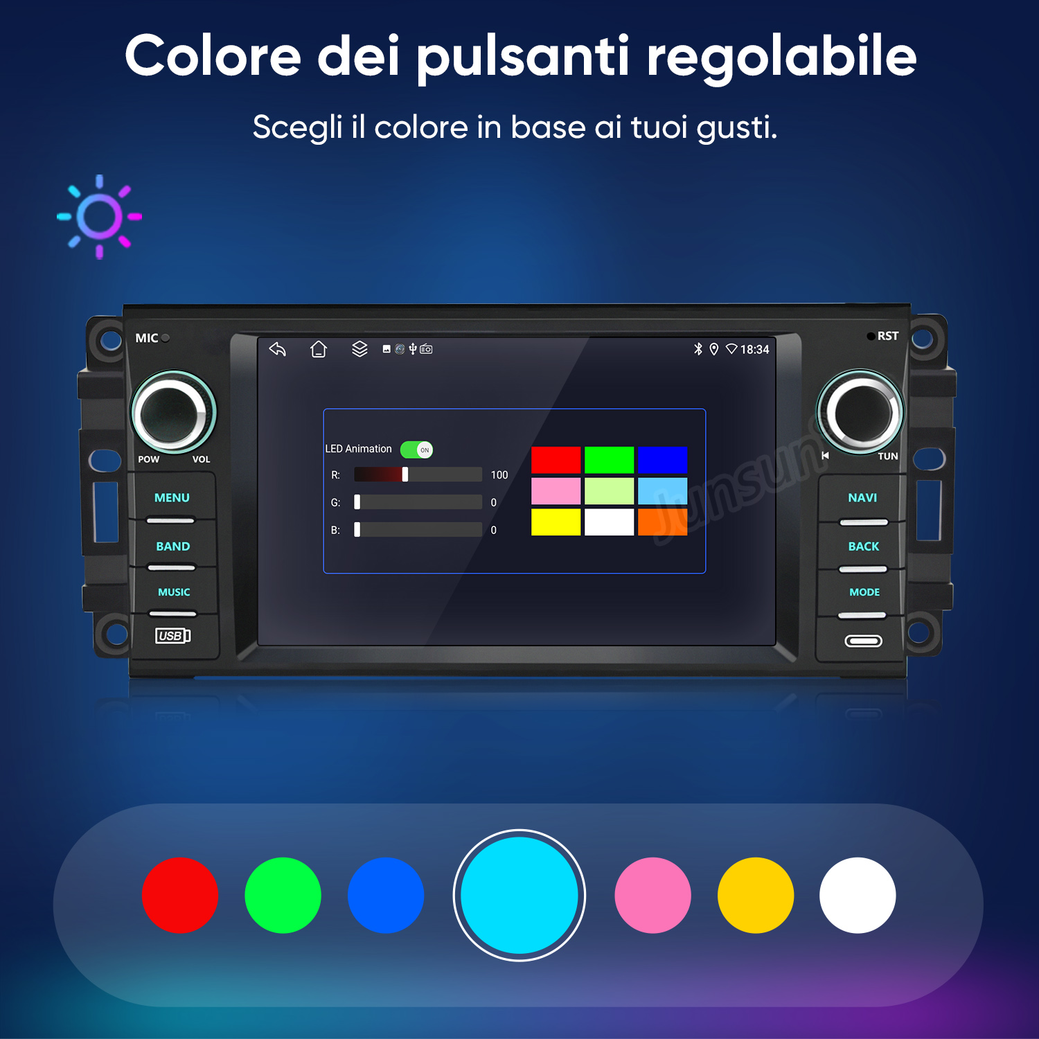 Una autoradio con illuminazione pulsanti regolabile e opzioni colore.