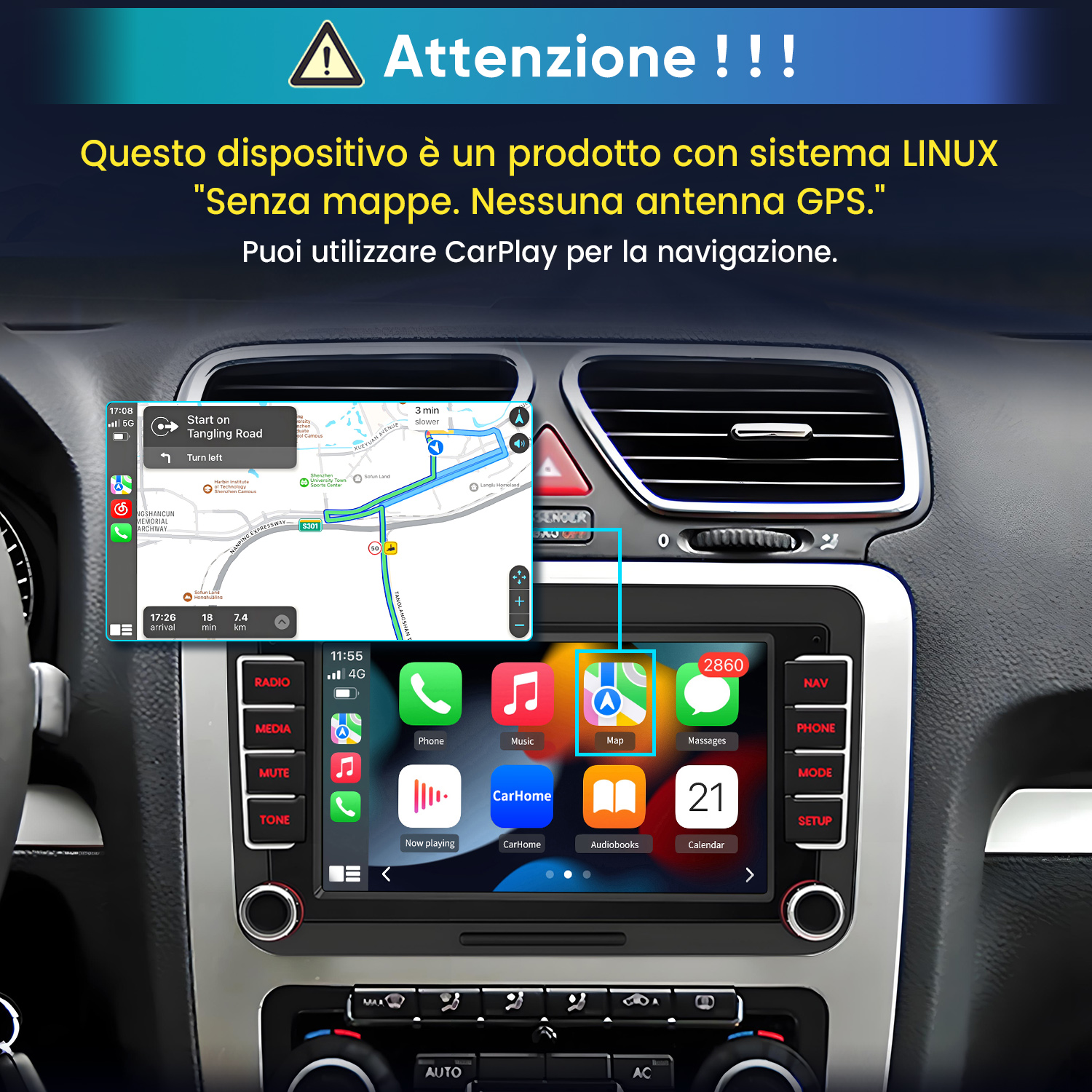 Interno auto con sistema di infotainment che mostra una mappa.