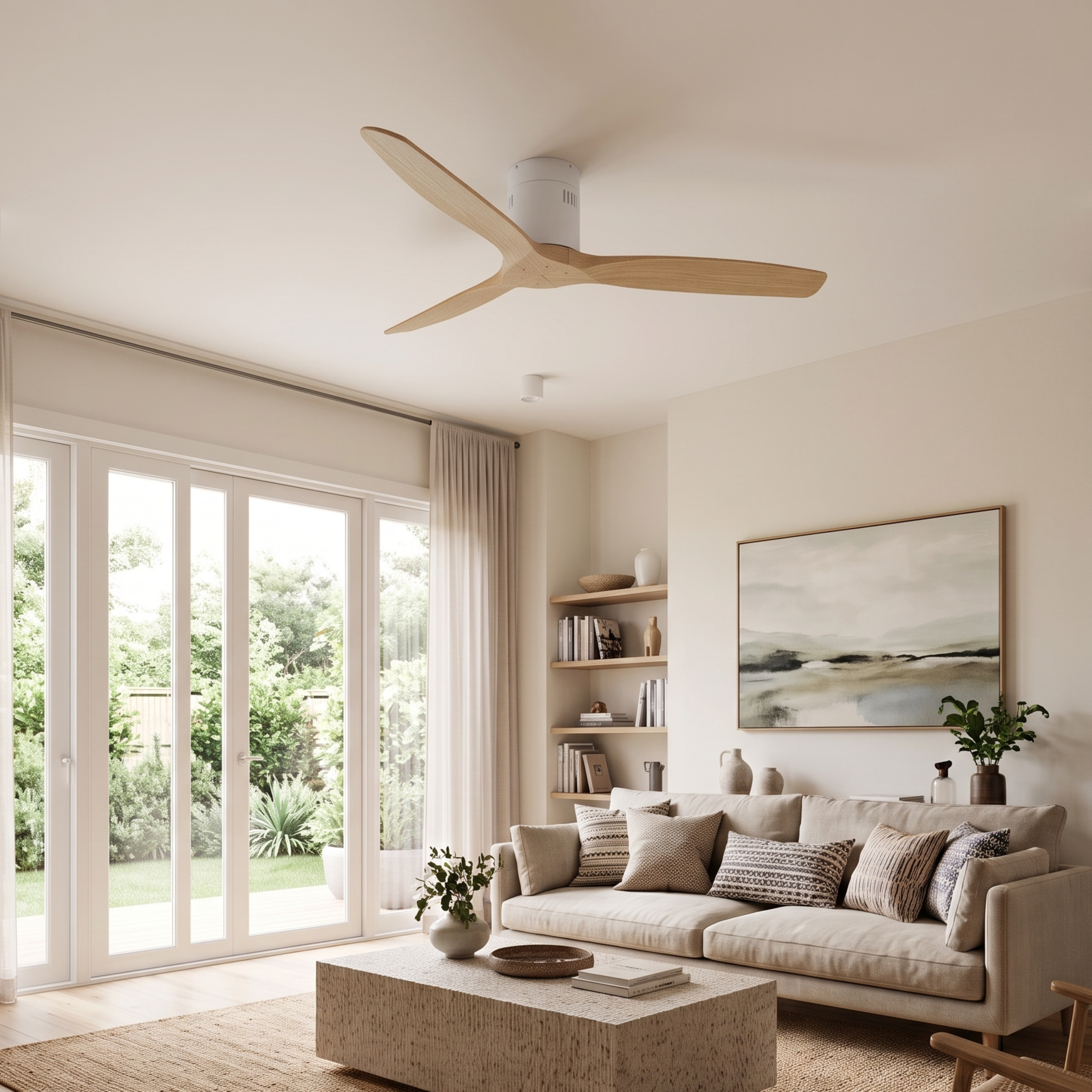 Una sala de estar luminosa con sofá, mesa de centro, estantería y ventilador de techo.