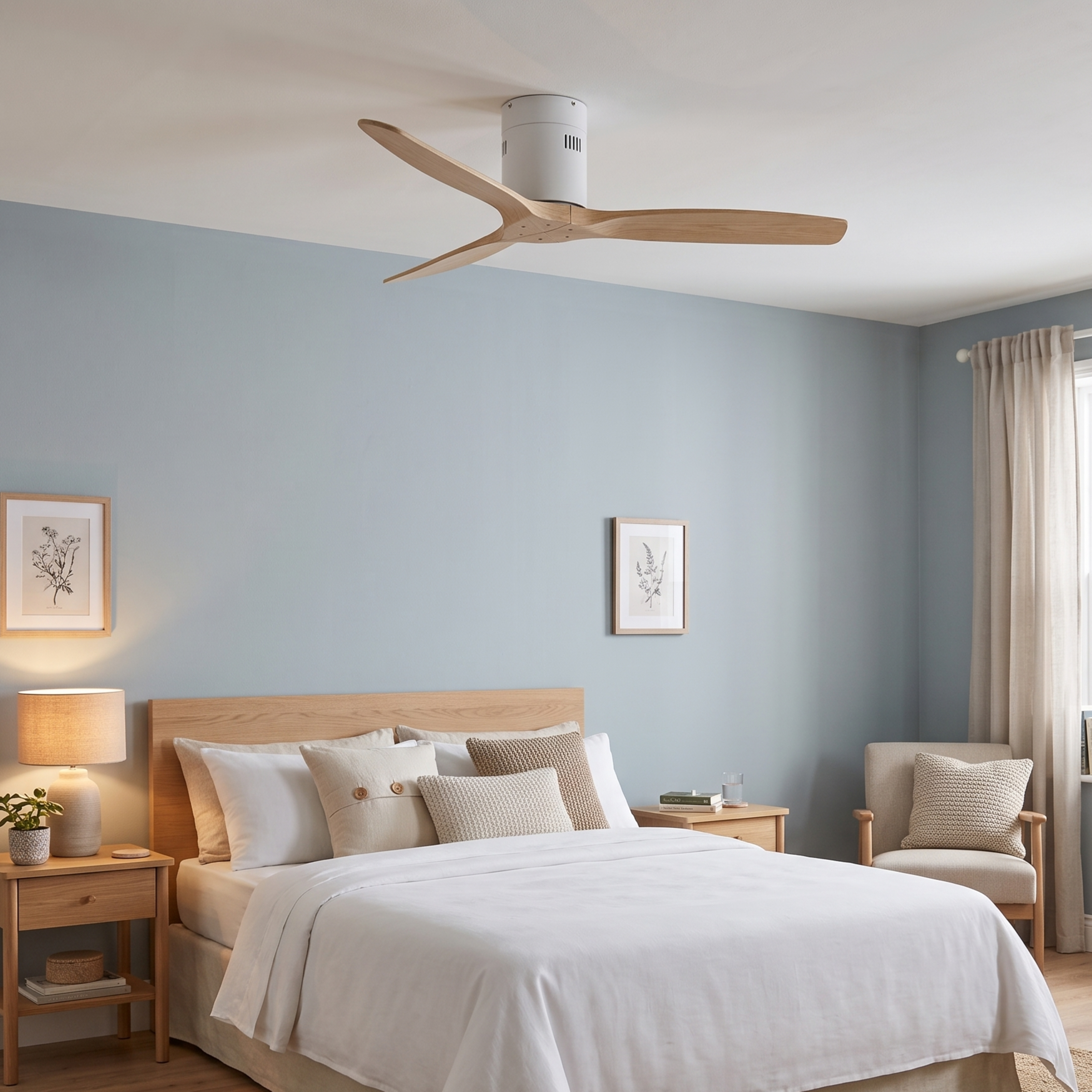 Un dormitorio con cama blanca, muebles de madera, ventilador de techo y sillón.