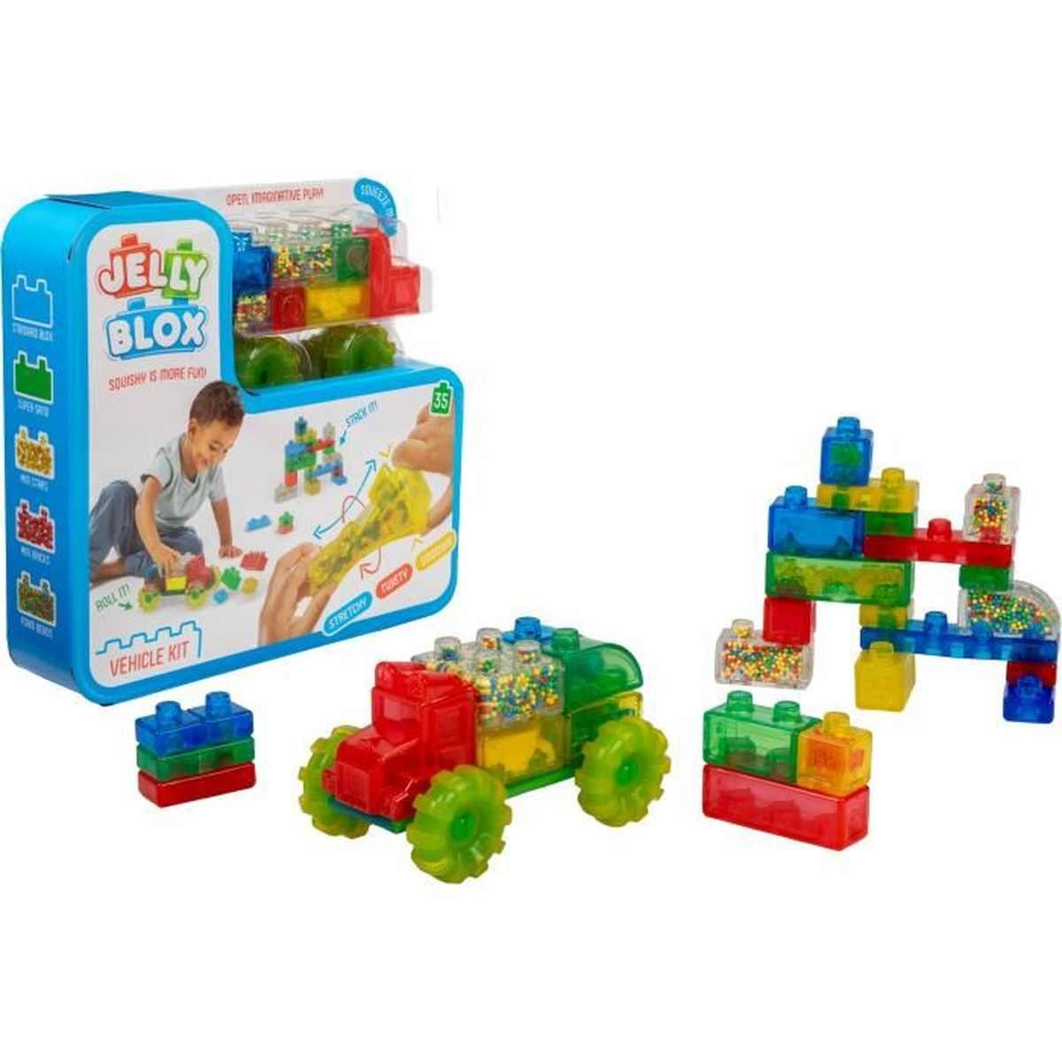 Blocchi da costruzione Jelly Blox: auto, torre e confezione con bambino.