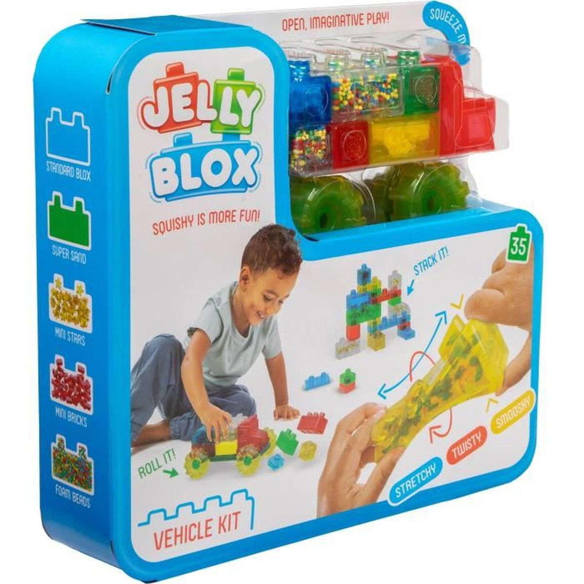 Kit Veicolo Jelly Blox con un bambino che gioca. Include blocchi da costruzione e piccole perline.