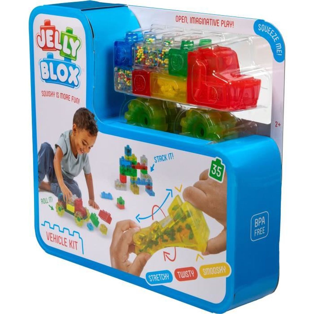 Confezione kit veicolo Jelly Blox con blocchi colorati e camioncino giocattolo.