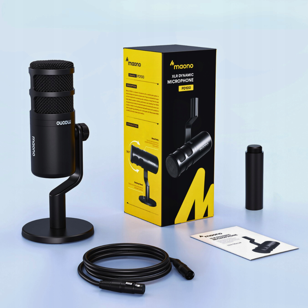 Un microfono a condensatore nero con supporto, cavo, scatola e manuale.