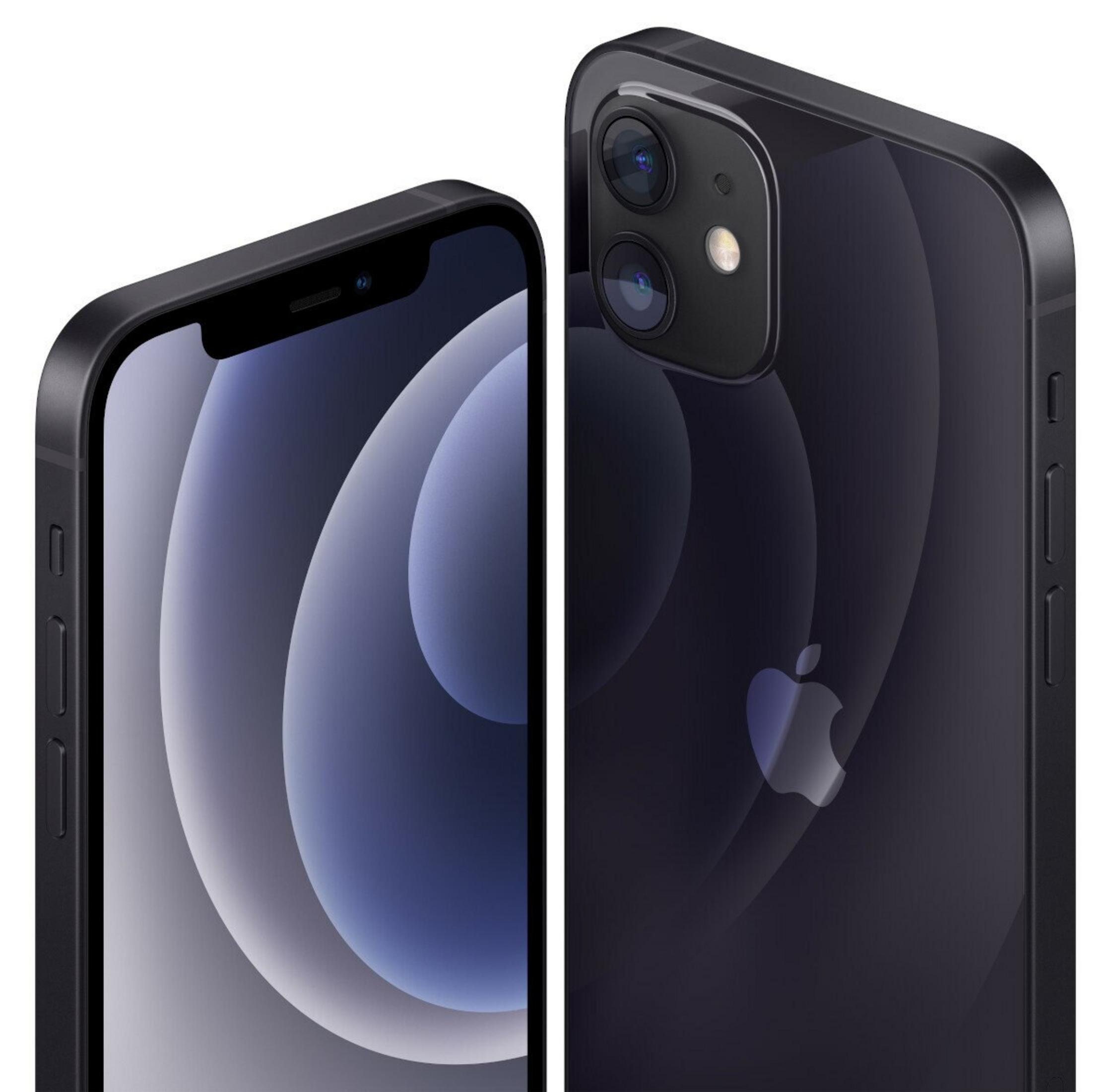 Ciemny iPhone 12 z dwoma aparatami i logo jabłka.