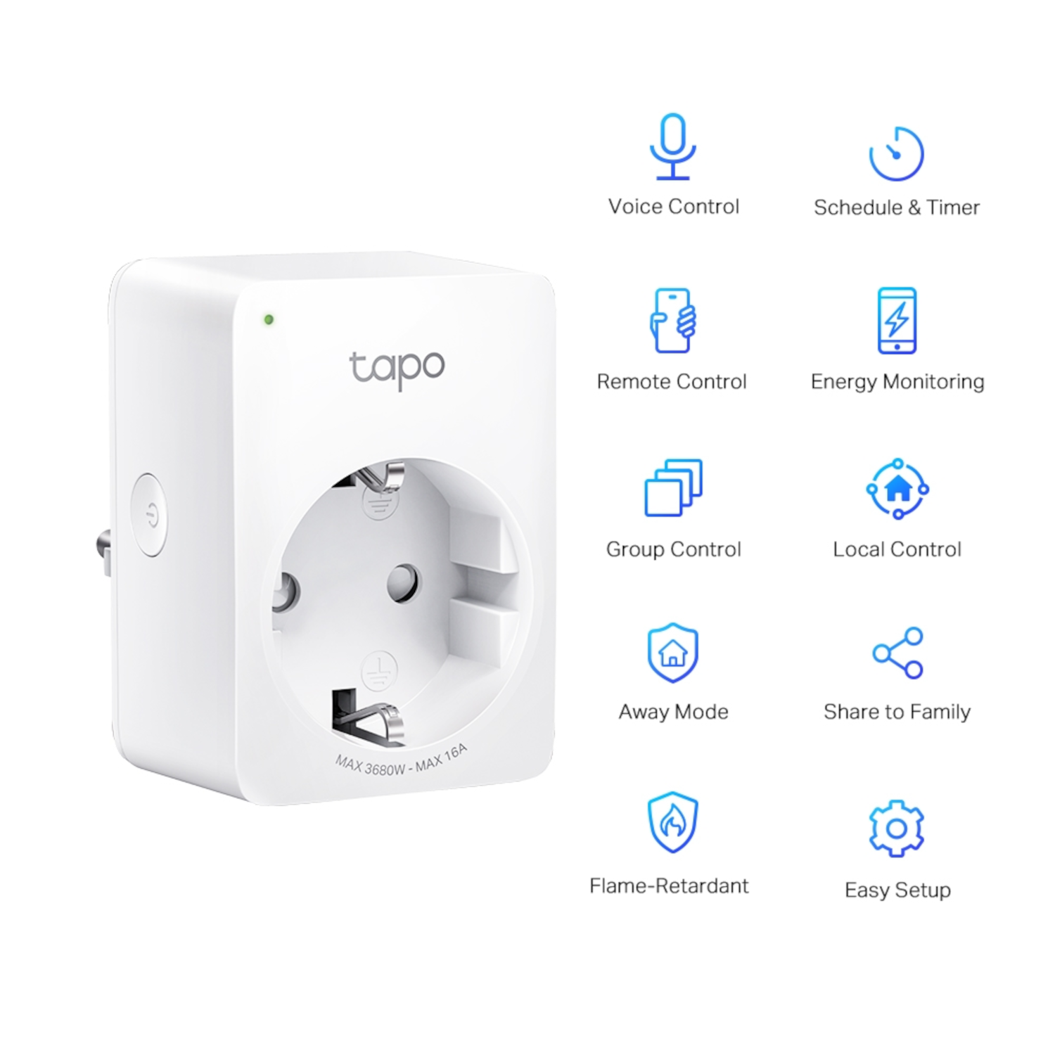 Ein weißer Tapo Smart Plug mit verschiedenen Icons für Funktionen wie Sprachsteuerung.