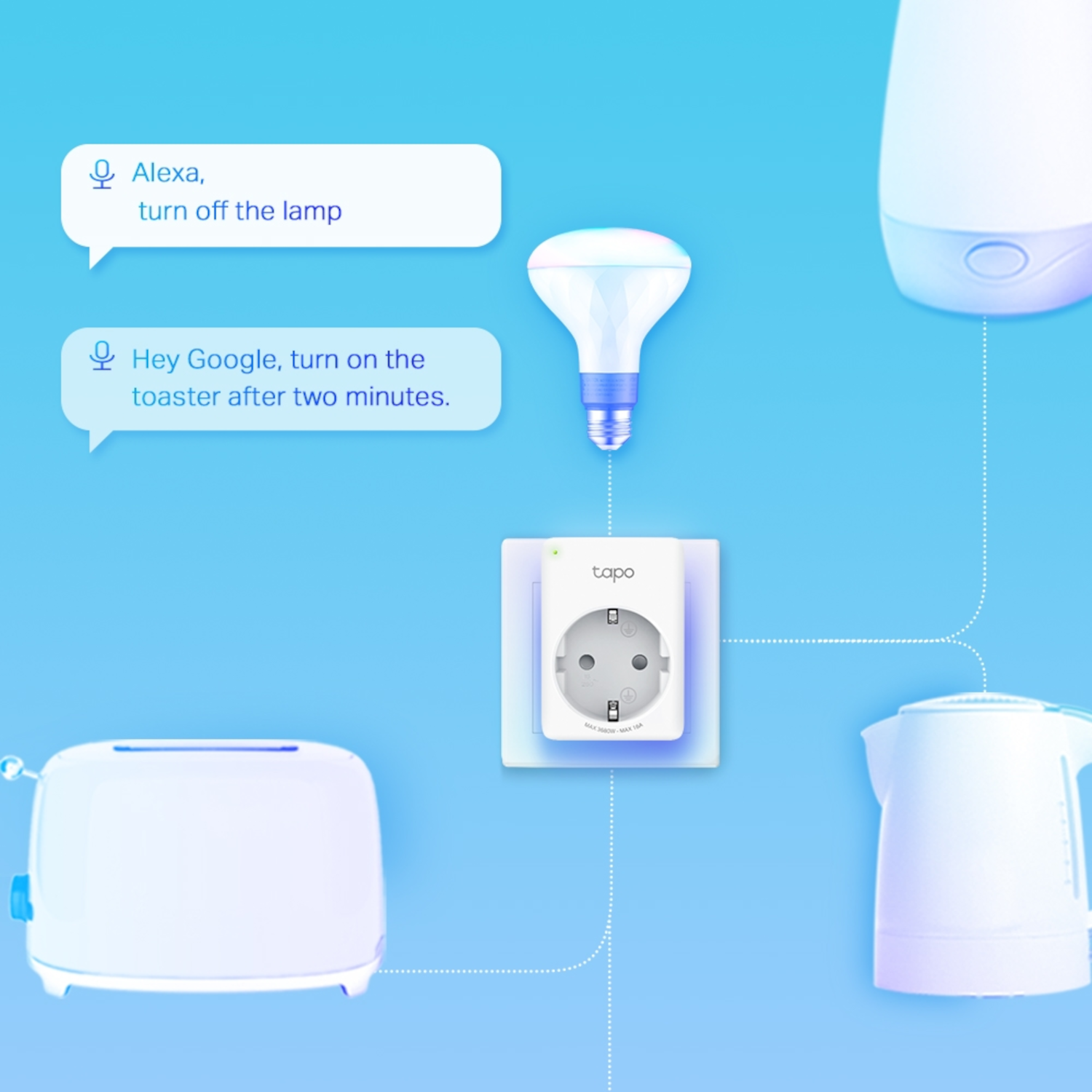 Smarte Steckdose verbindet Toaster, Lampe und Wasserkocher. Sprachbefehle steuern Geräte.