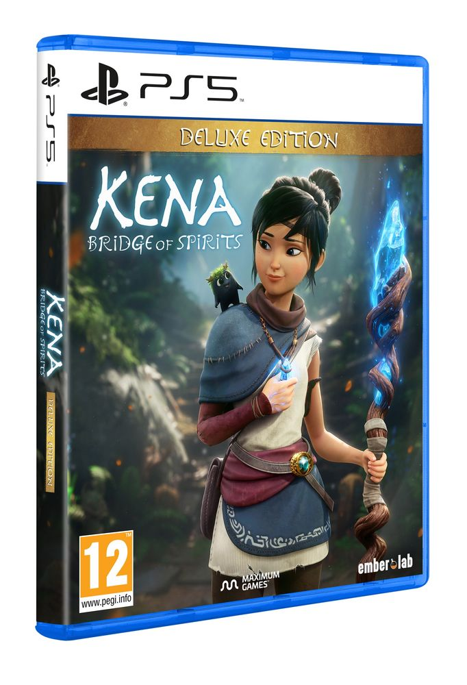 Copertina PS5 per Kena Bridge of Spirits Deluxe Edition. Ragazza con bastone.