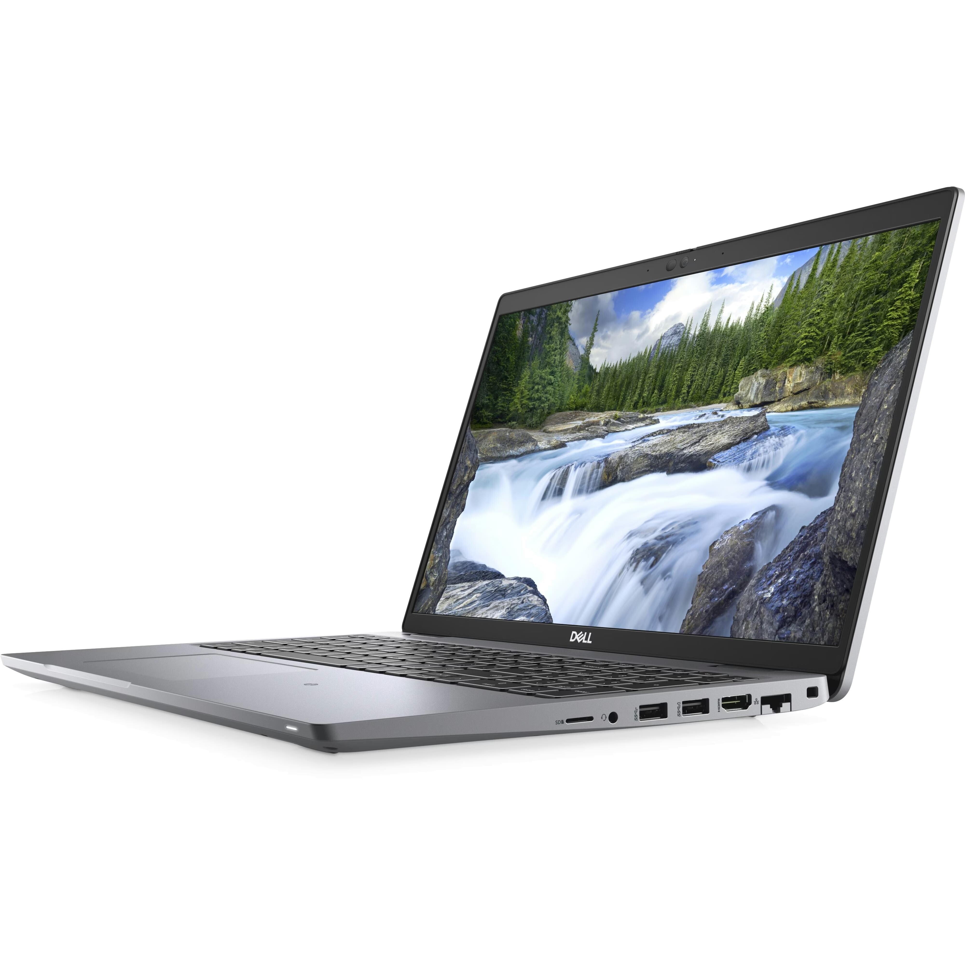 Een zilveren Dell laptop met een waterval op het scherm.