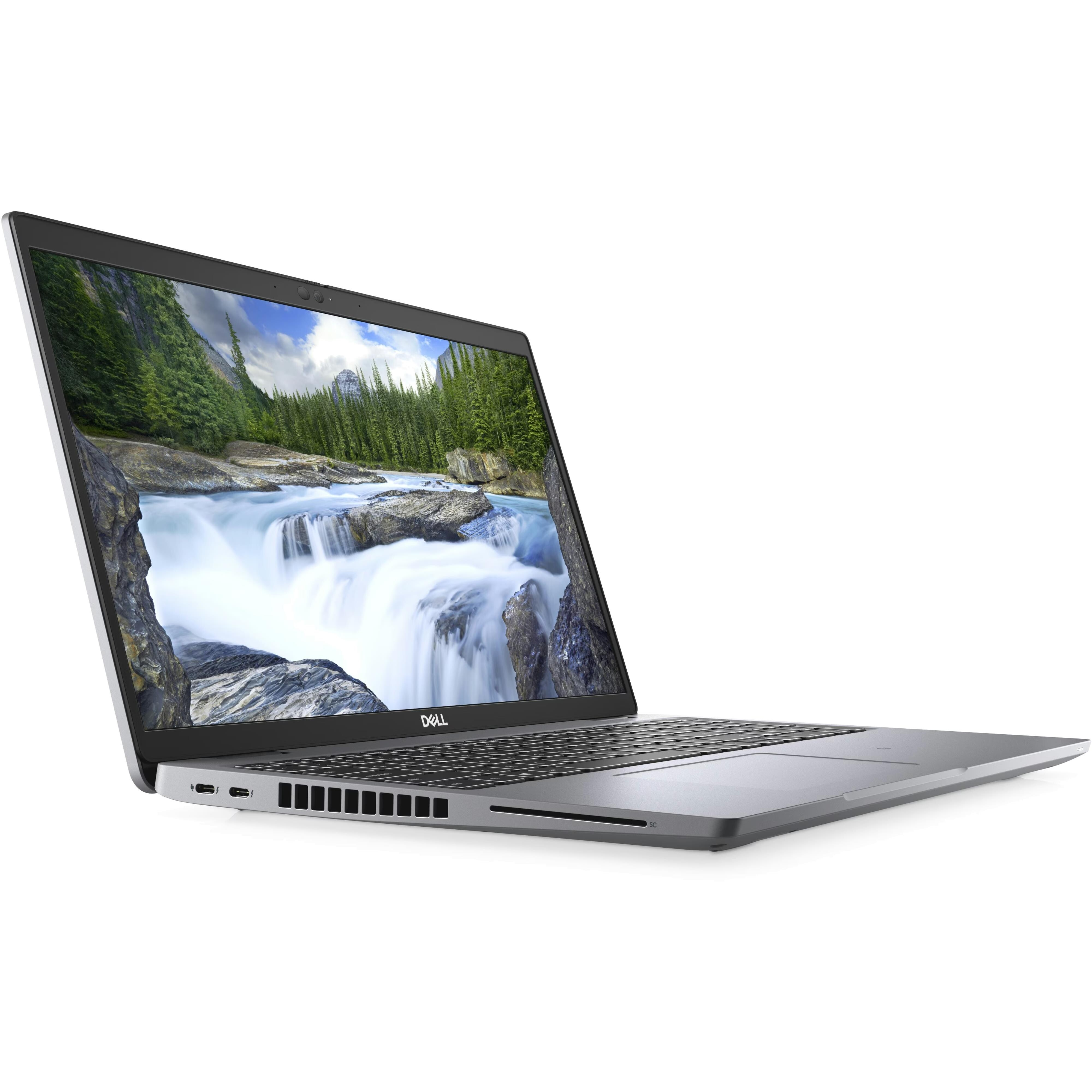 Een open laptop met een watervalafbeelding erop, tegen een witte achtergrond.