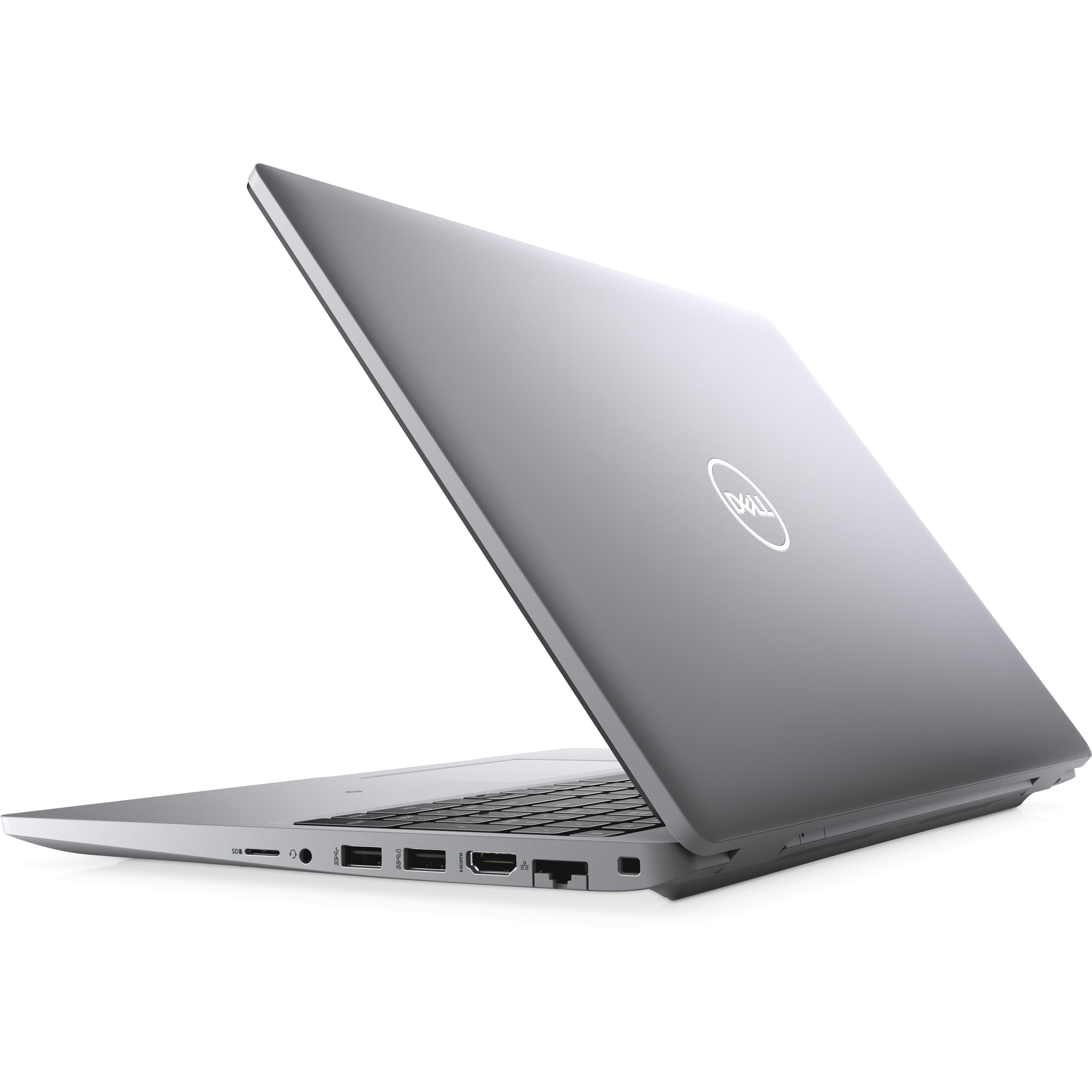 Een zilveren Dell laptop met open deksel, op een witte achtergrond.