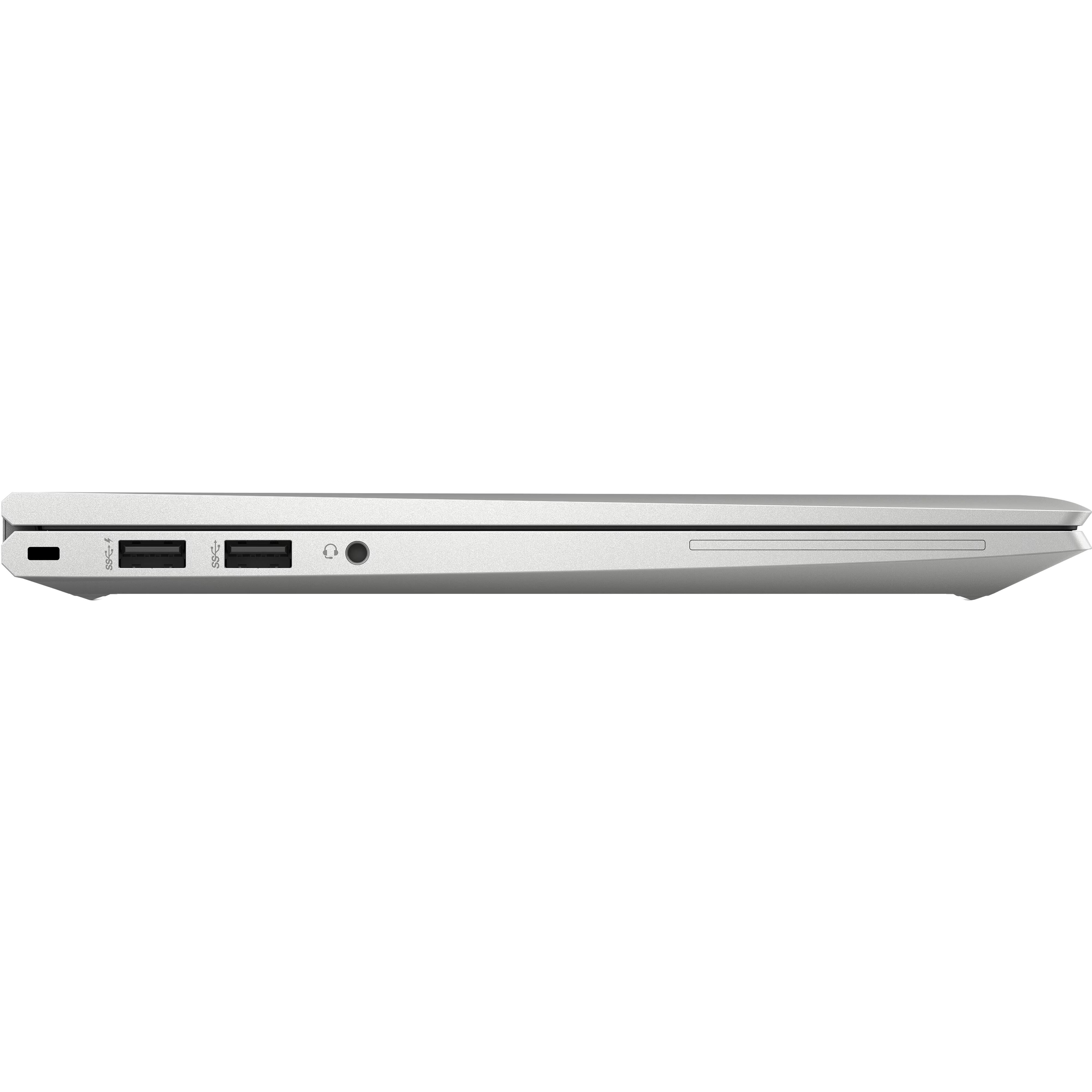Zilverkleurige laptop poorten: twee USB-A, één audiojack en één Thunderbolt-symboolpoort.