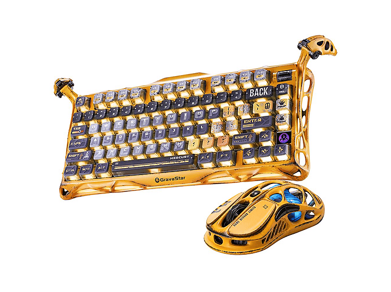 GRAVASTAR Mercury K1 Pro RGB Işıklı Mekanik Gaming İngilizce Q Klavye ve M1 Pro Kablosuz Klavye ve Mouse Seti Battle-Worn Yellow