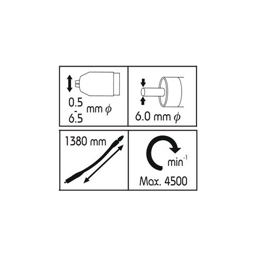 Teknik özellikler: 0,5-6,5mm çap, 6mm açıklık, 1380mm uzunluk, Maks. 4500 devir/dak.
