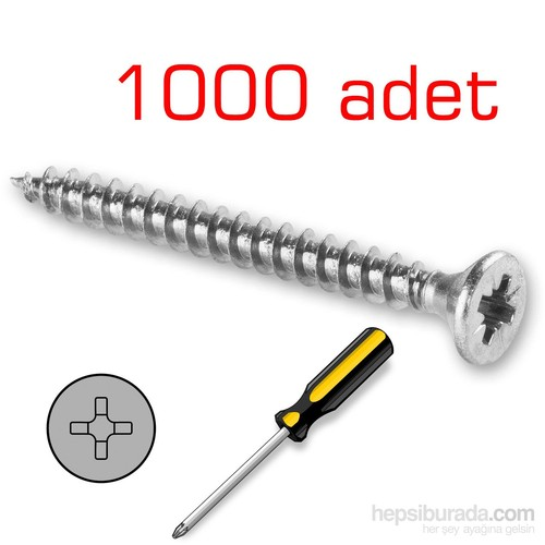 Metal uçlu ve sarı-siyah saplı uzun bir tornavida, bir vidanın yanında.