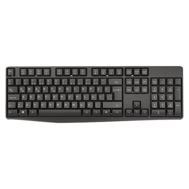 Sayısal tuş takımına sahip koyu renkli, tam QWERTY klavye.