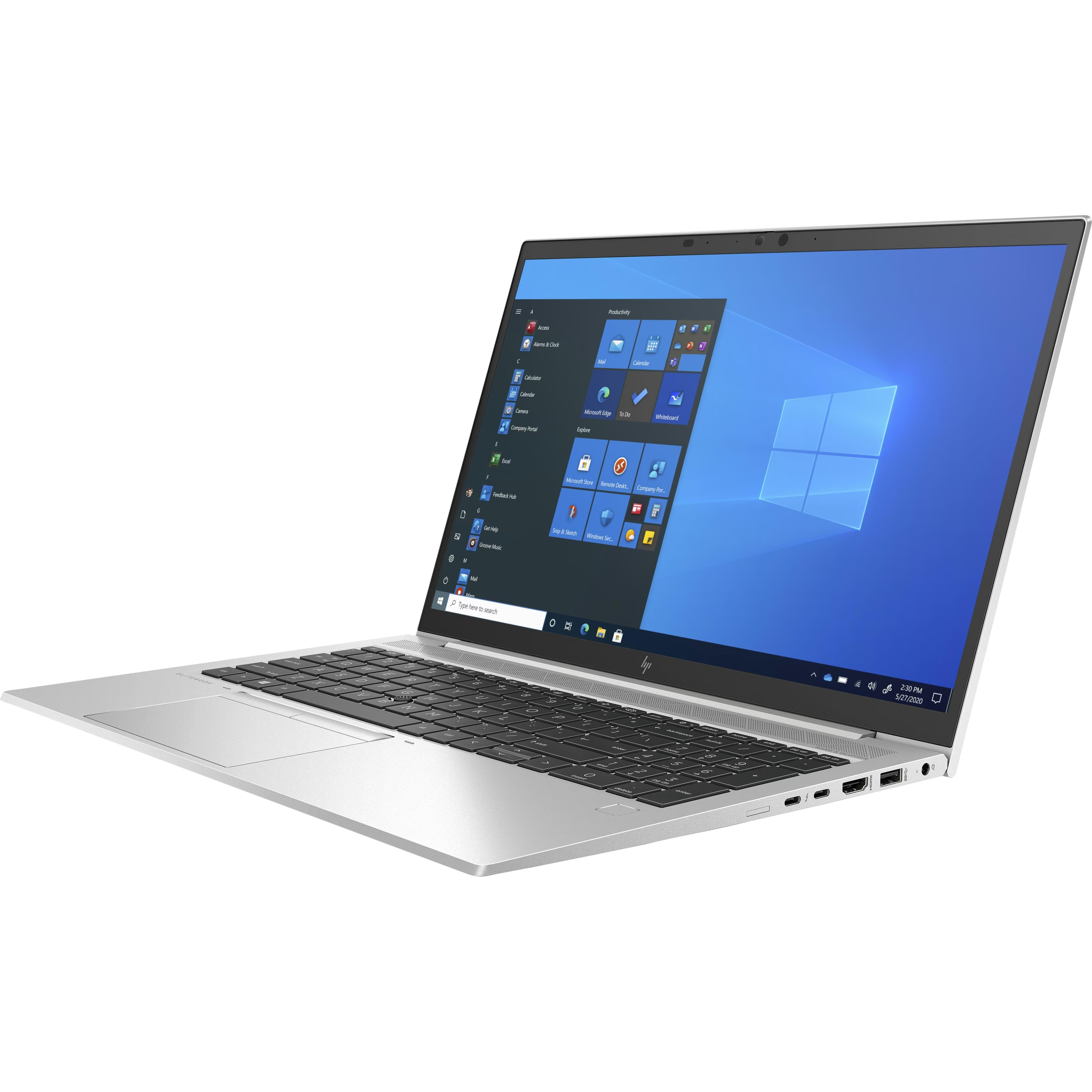 Een zilveren laptop met een geopend Windows startmenu en blauwe achtergrond.