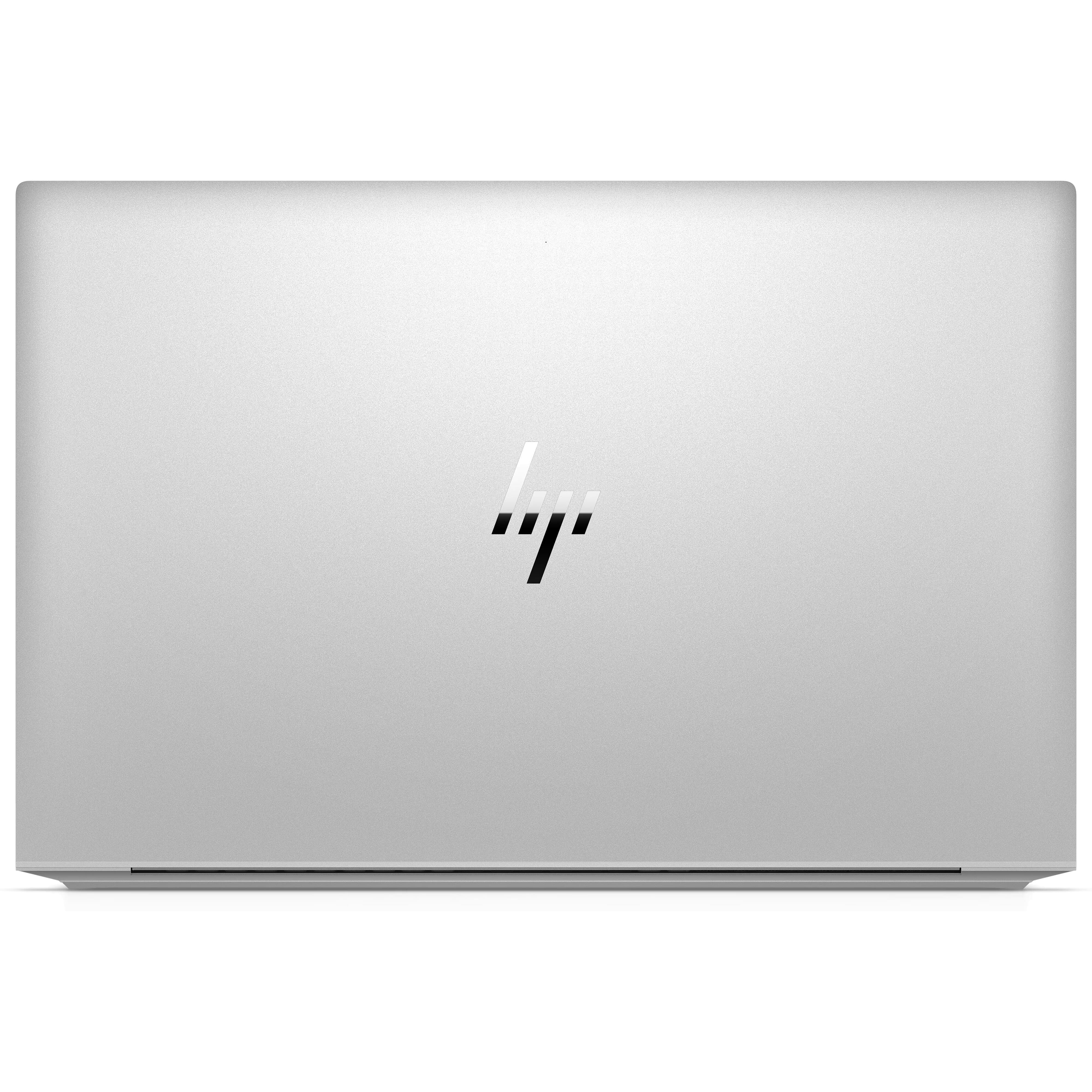 Een zilveren HP laptop met gesloten klep en het HP logo in het midden.
