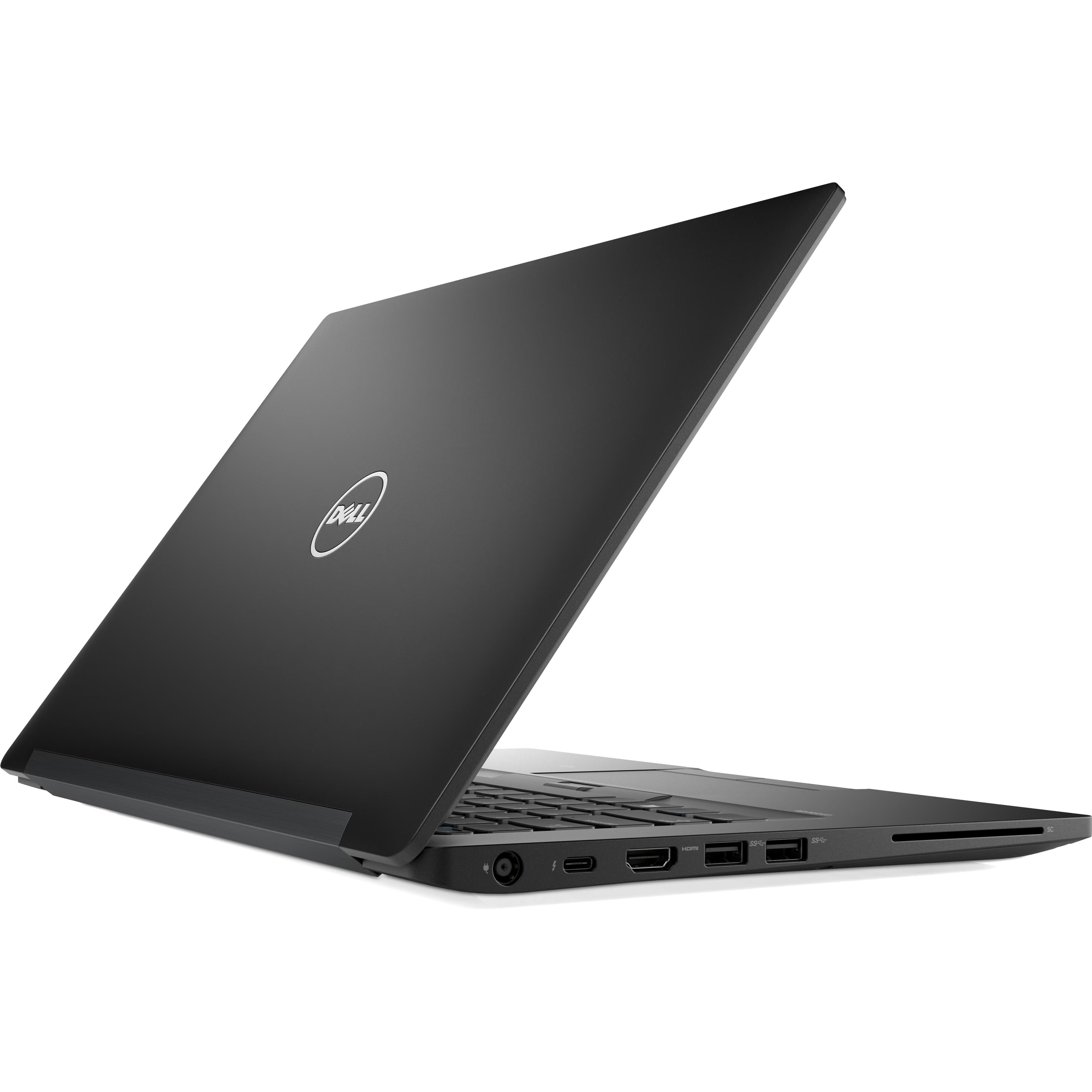 Zwarte Dell laptop met open deksel, zijkant met poorten.