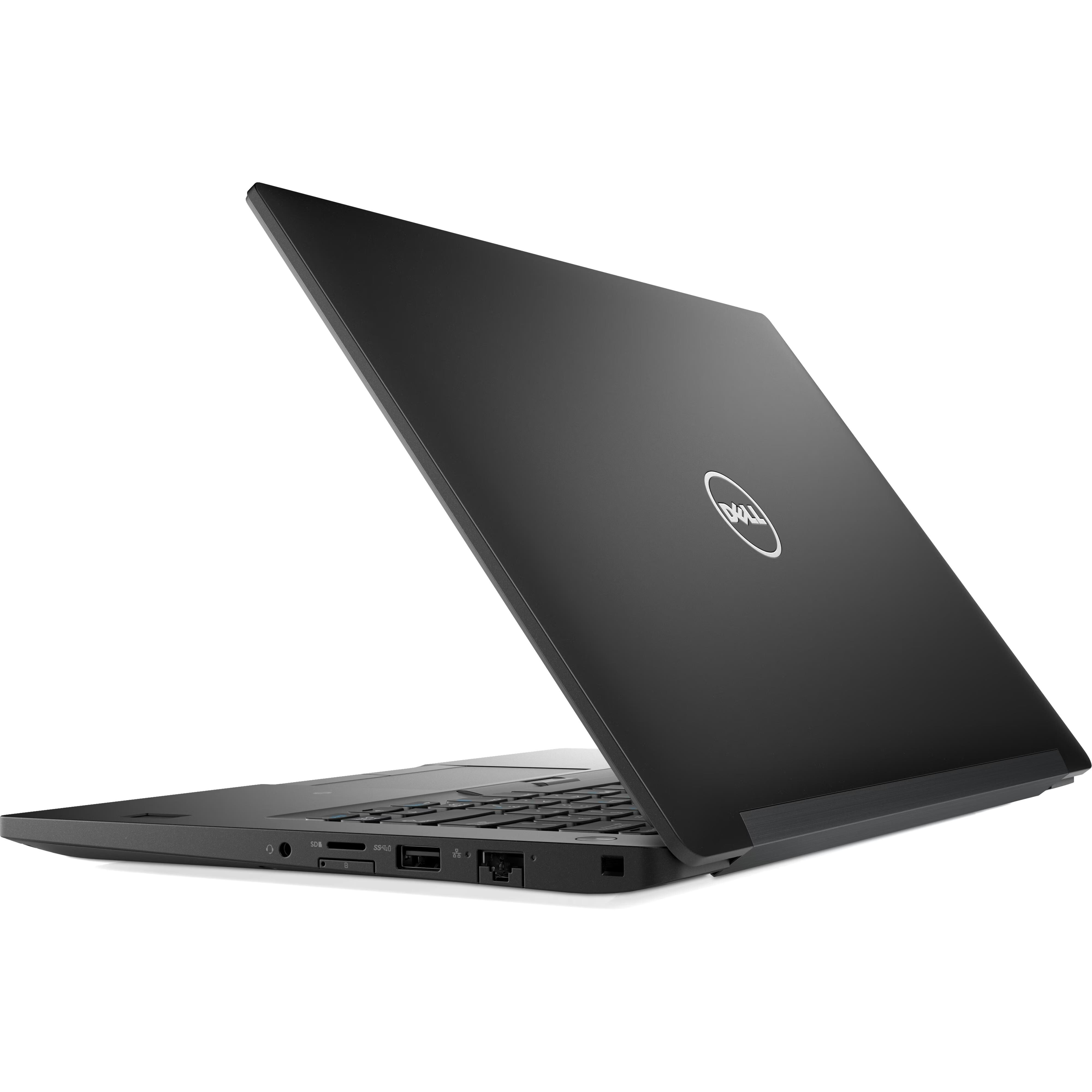 Zwarte Dell laptop, gedeeltelijk open, met zichtbare poorten en toetsenbord. Witte achtergrond.