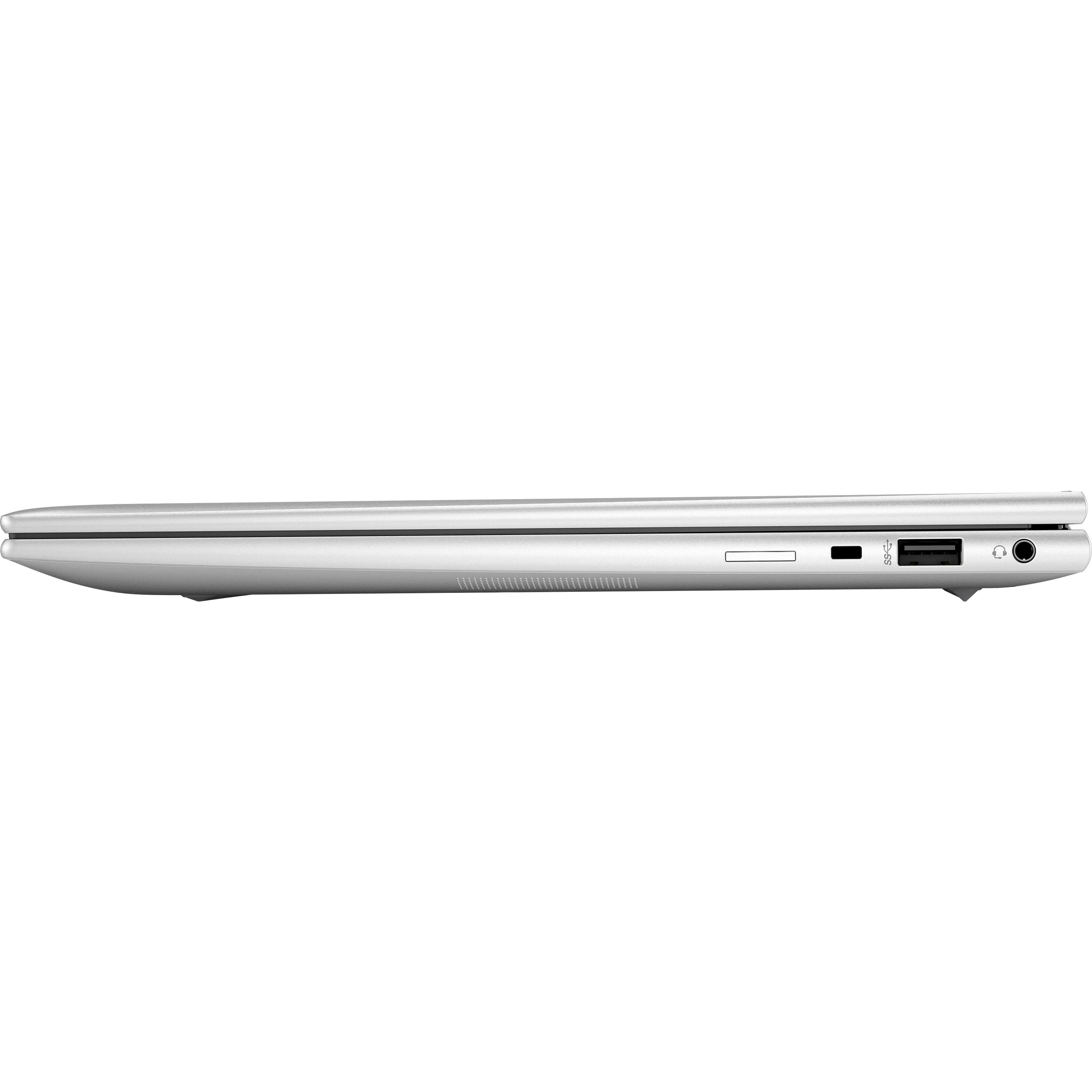Silver laptop side view with USB, SD card reader, and headphone jack.
