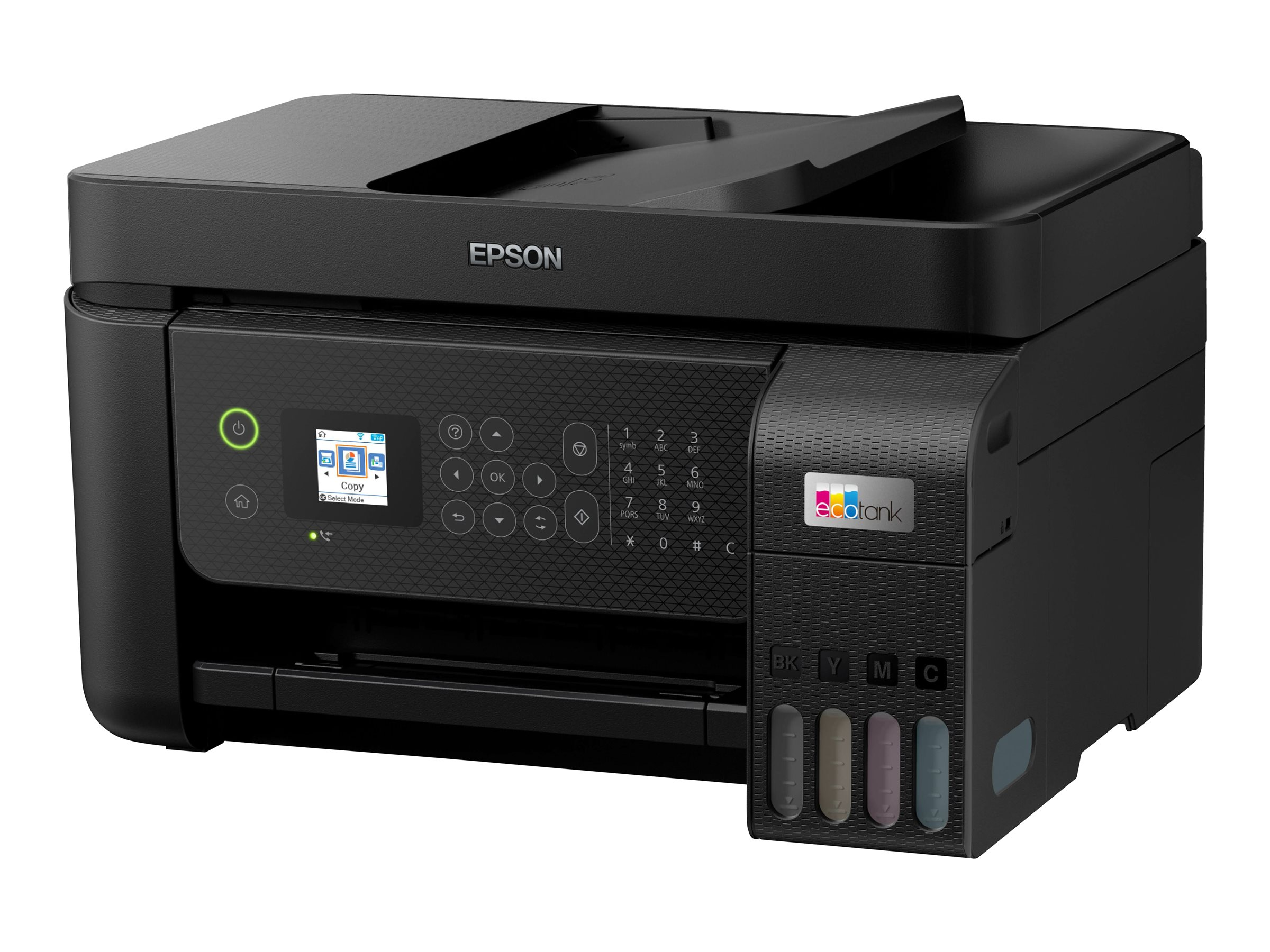 Czarna drukarka Epson EcoTank z panelem sterowania, klawiaturą i zbiornikami na tusz.