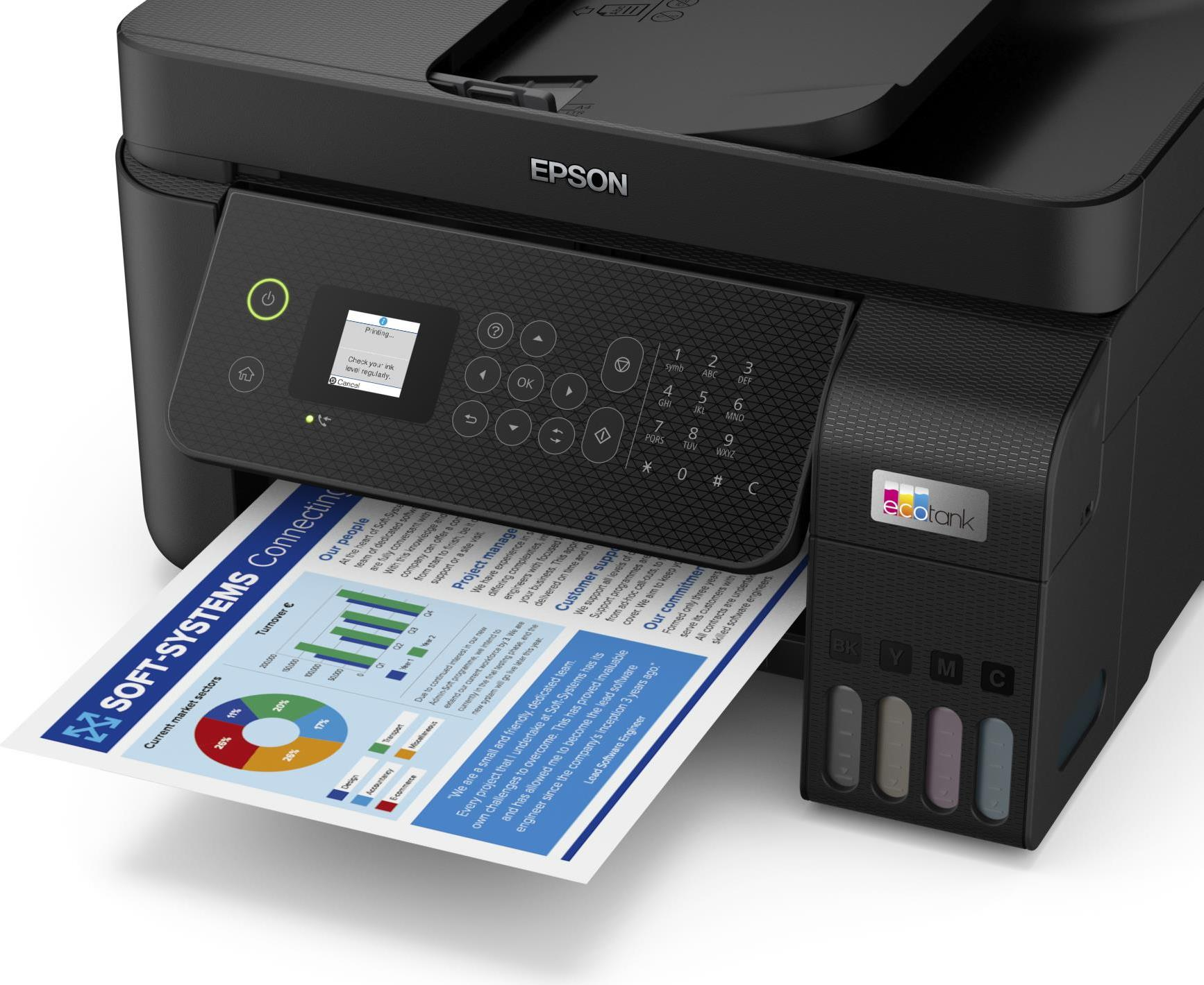 Czarna drukarka Epson EcoTank drukuje dokument z wykresami i tekstem.