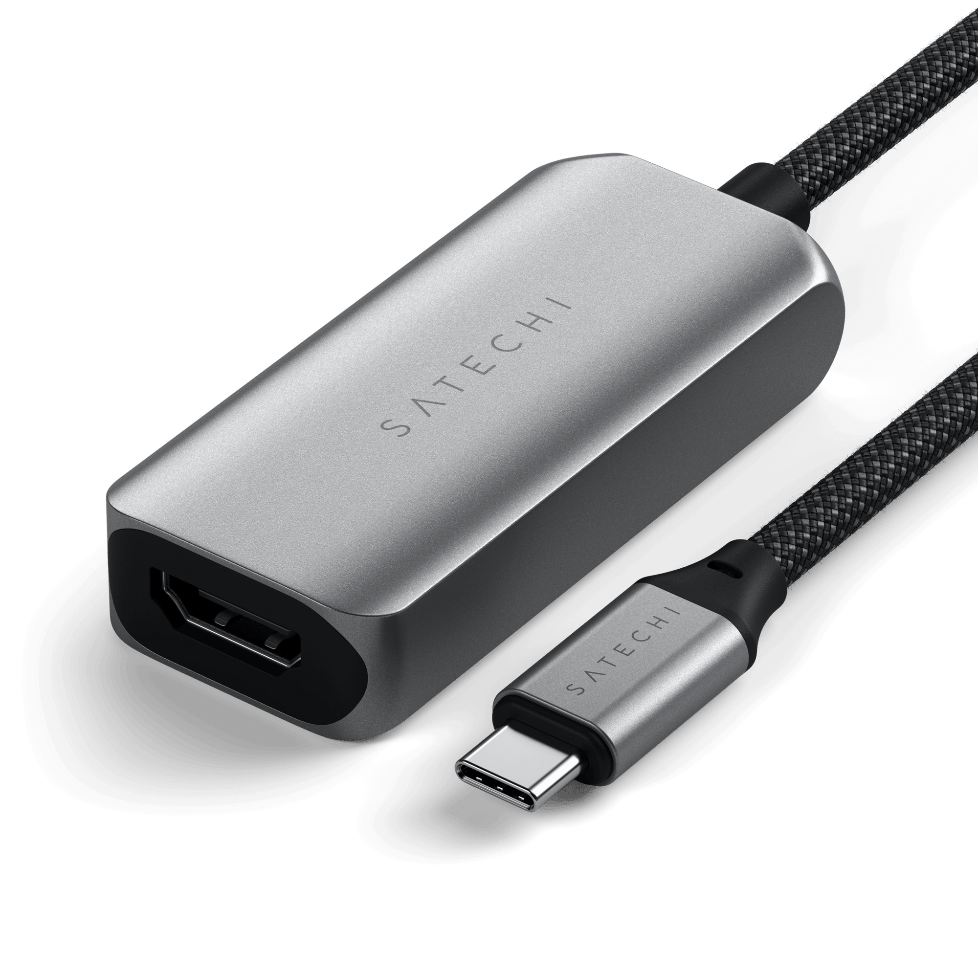 Un adattatore Satechi grigio con porte HDMI e USB-C.