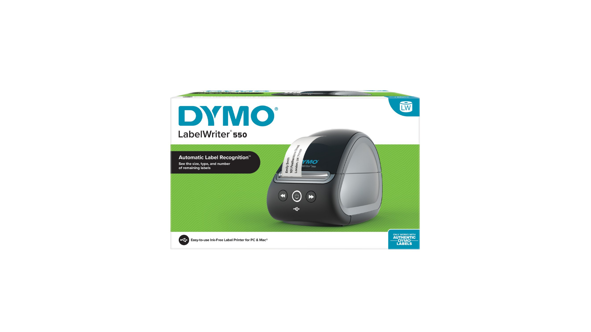 DYMO LabelWriter 550 con riconoscimento automatico etichette su sfondo verde.