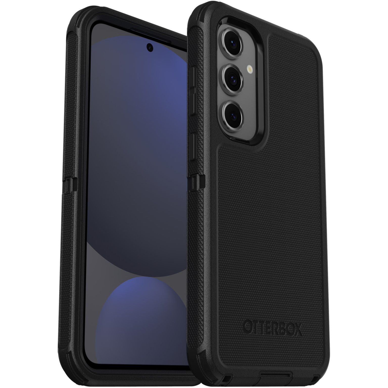 Smartphone nero con tripla fotocamera e custodia Otterbox, sfondo bianco.