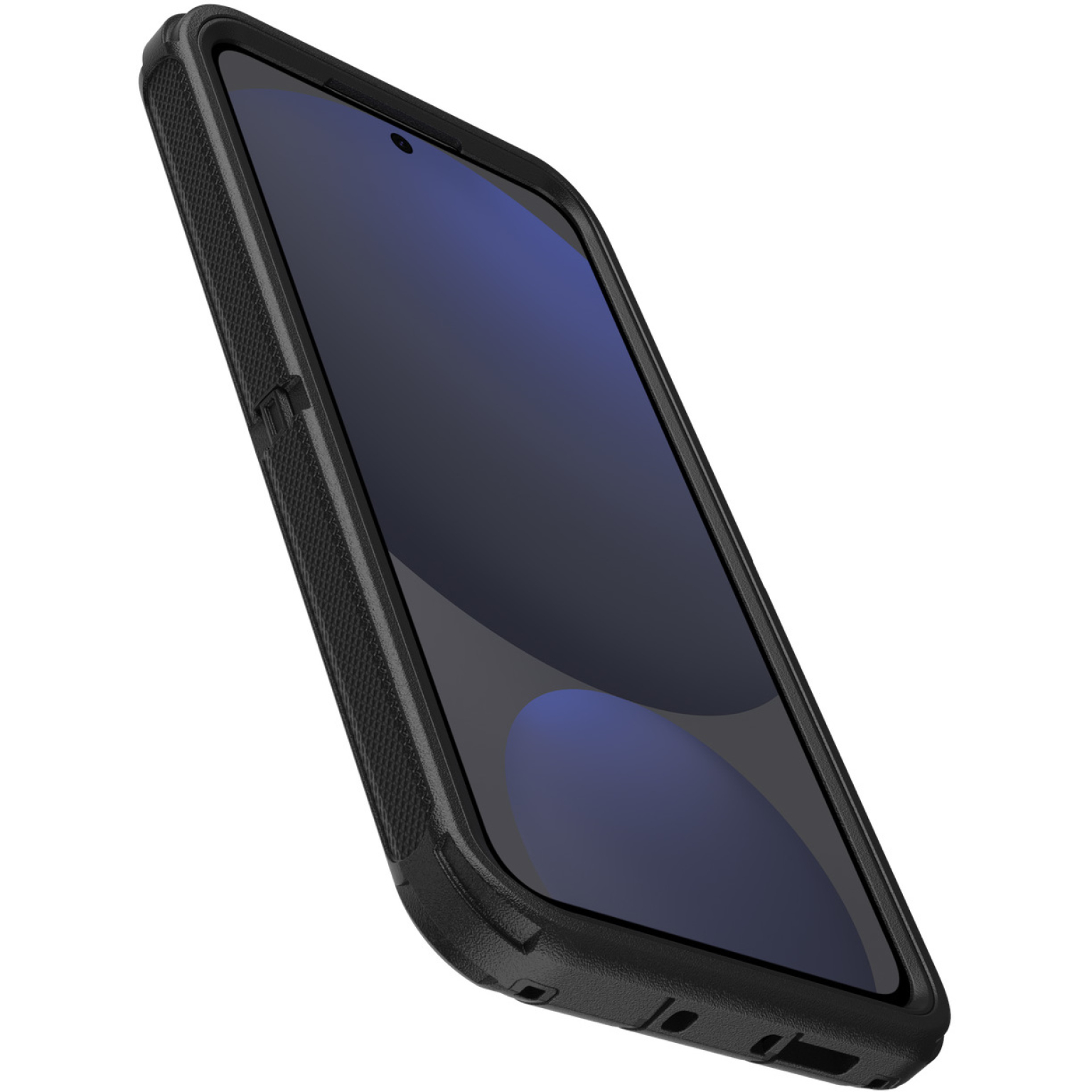 Smartphone nero con custodia protettiva, primo piano, sfondo bianco.