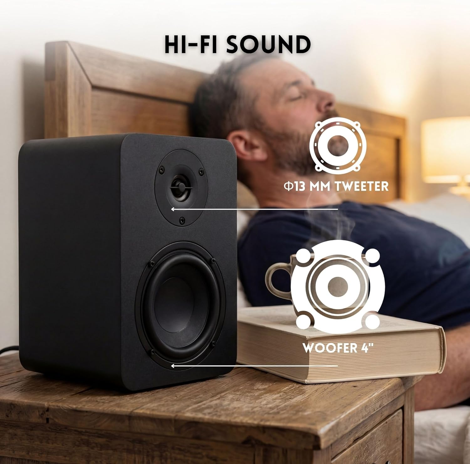 Altavoz negro en mesita de noche junto a hombre durmiendo. Sonido Hi-Fi.