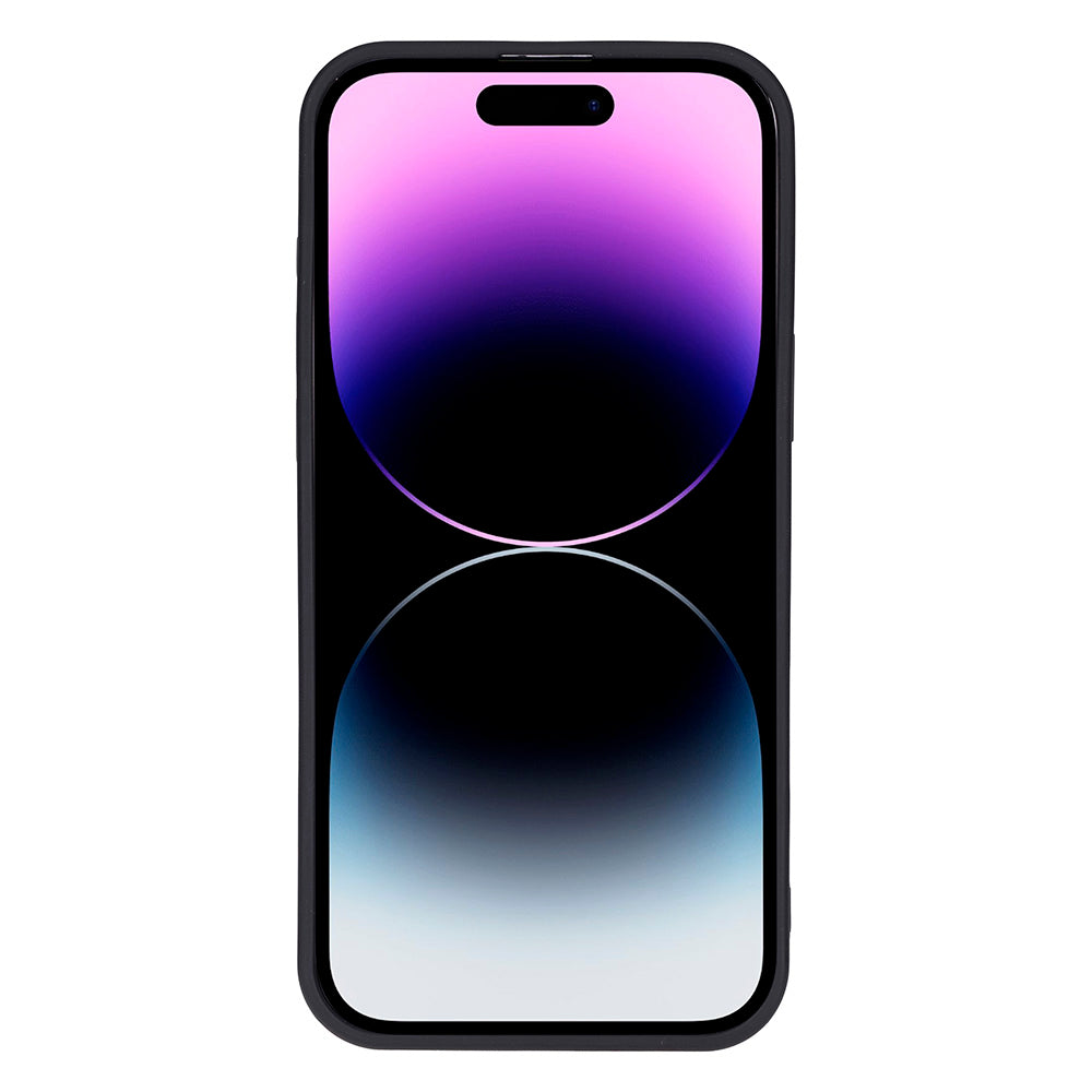 Mor ve mavi degrade duvar kağıdı gösteren siyah bir iPhone.