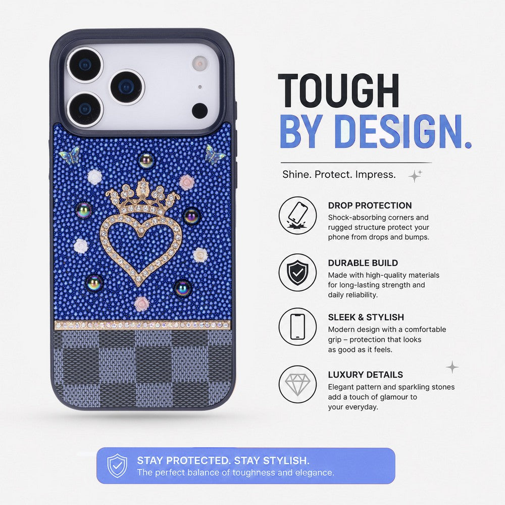 Kalp tacı, kelebekler ve elmas vurgularla süslü mavi iPhone kılıfı. Koruma hakkında metin.