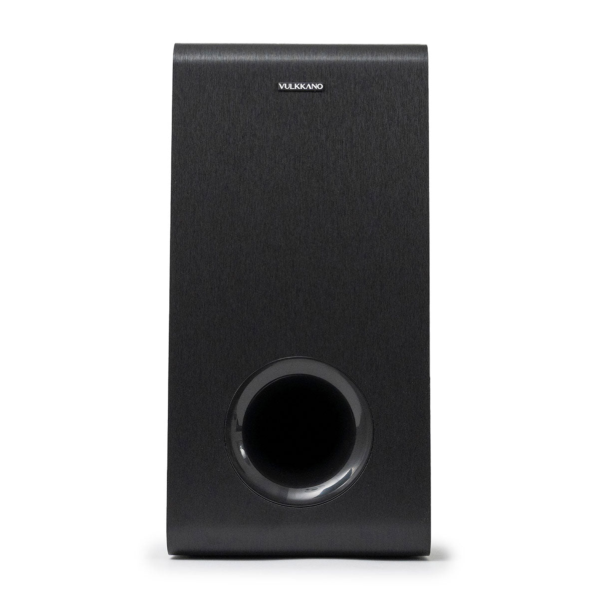 Subwoofer negro con logo VULKKANO y puerto bass reflex redondo.