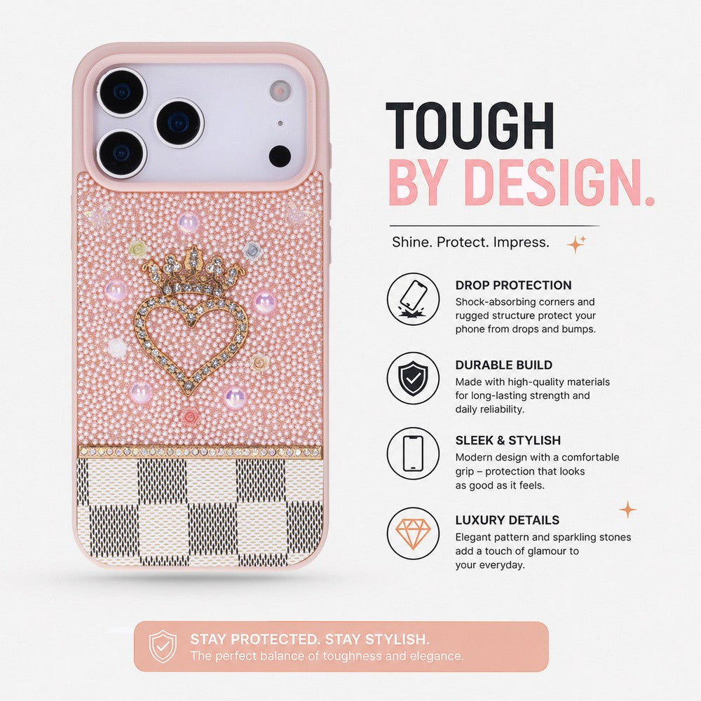 Taç detaylı, taşlarla süslenmiş pembe telefon kılıfı.