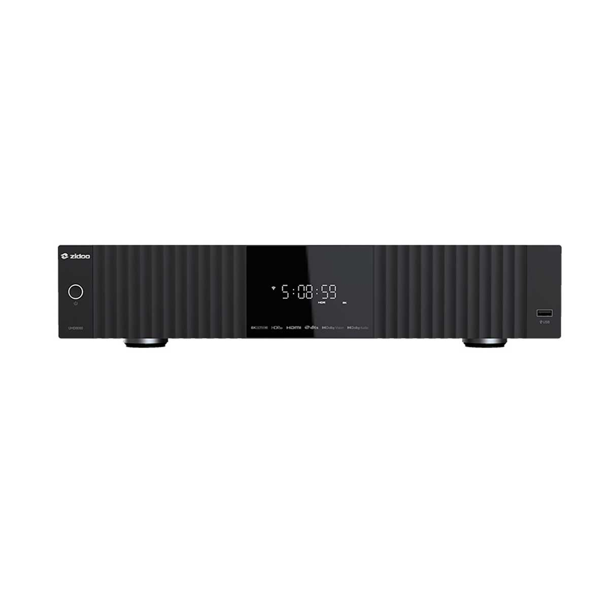 Reproductor multimedia Zidoo negro con frontal acanalado, pantalla y puertos.
