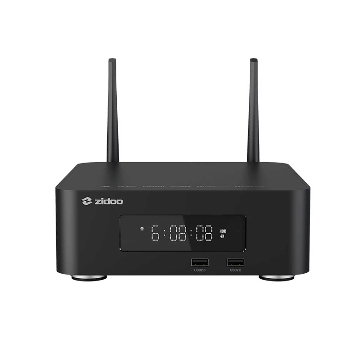 Reproductor multimedia negro con dos antenas, pantalla digital y puertos USB.