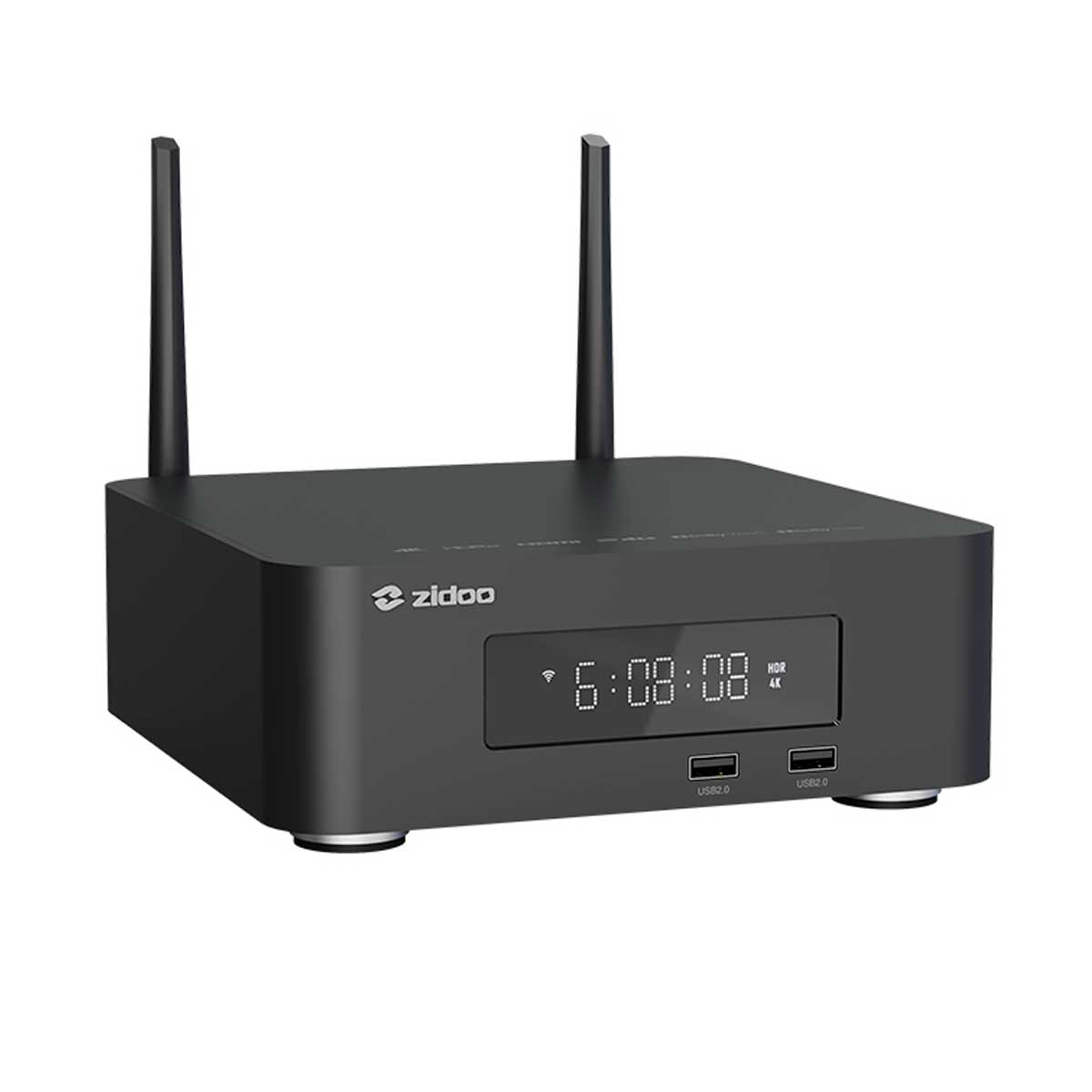 Dispositivo Zidoo negro con antenas y pantalla digital.