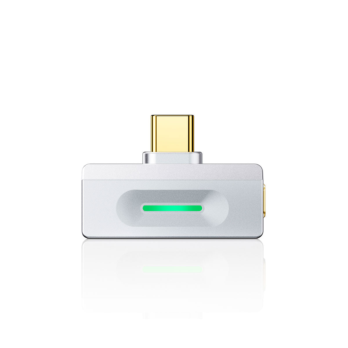 Srebrny adapter USB-C ze złotym złączem i zieloną diodą LED.