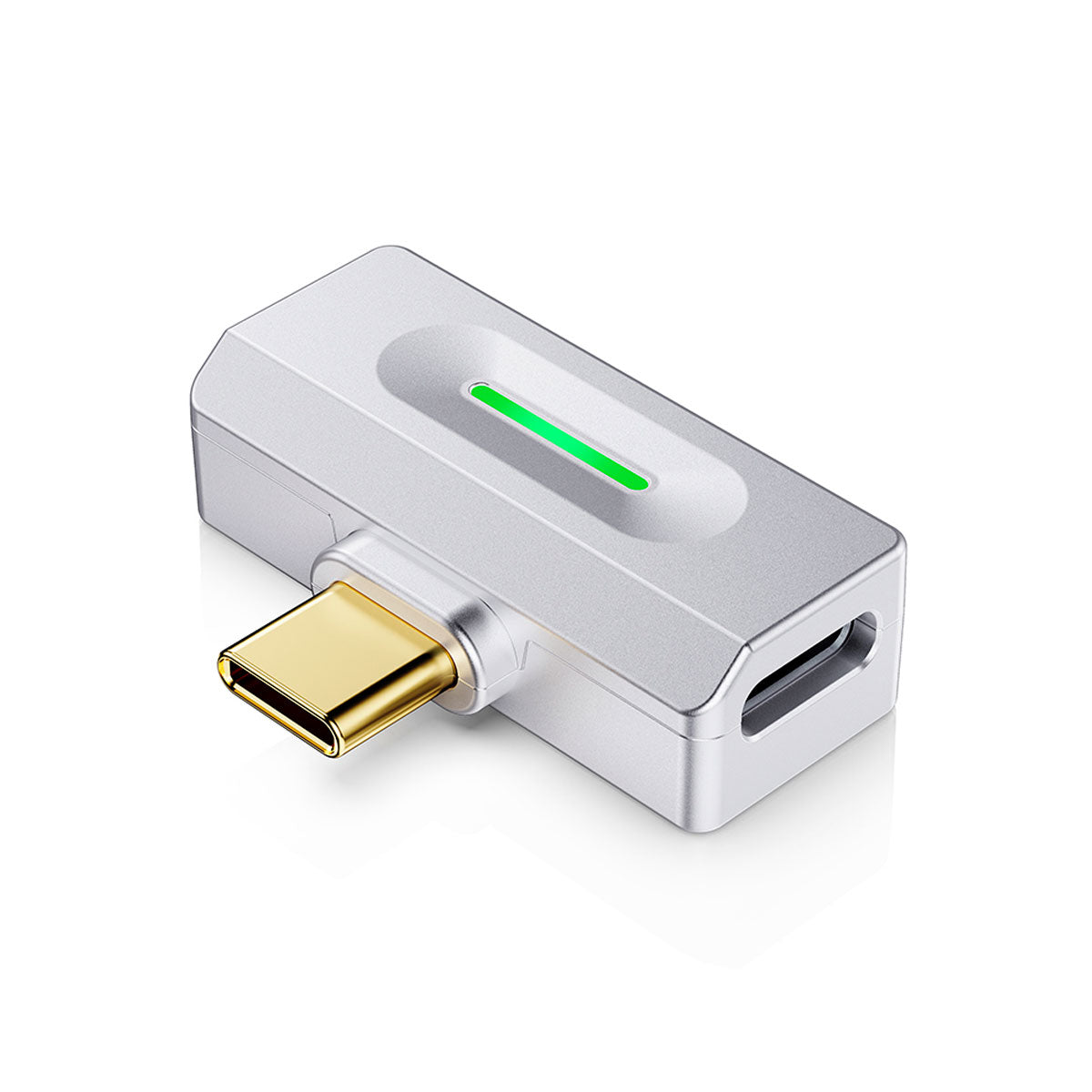Srebrny adapter USB-C z zielonym światłem LED. Złote złącze.