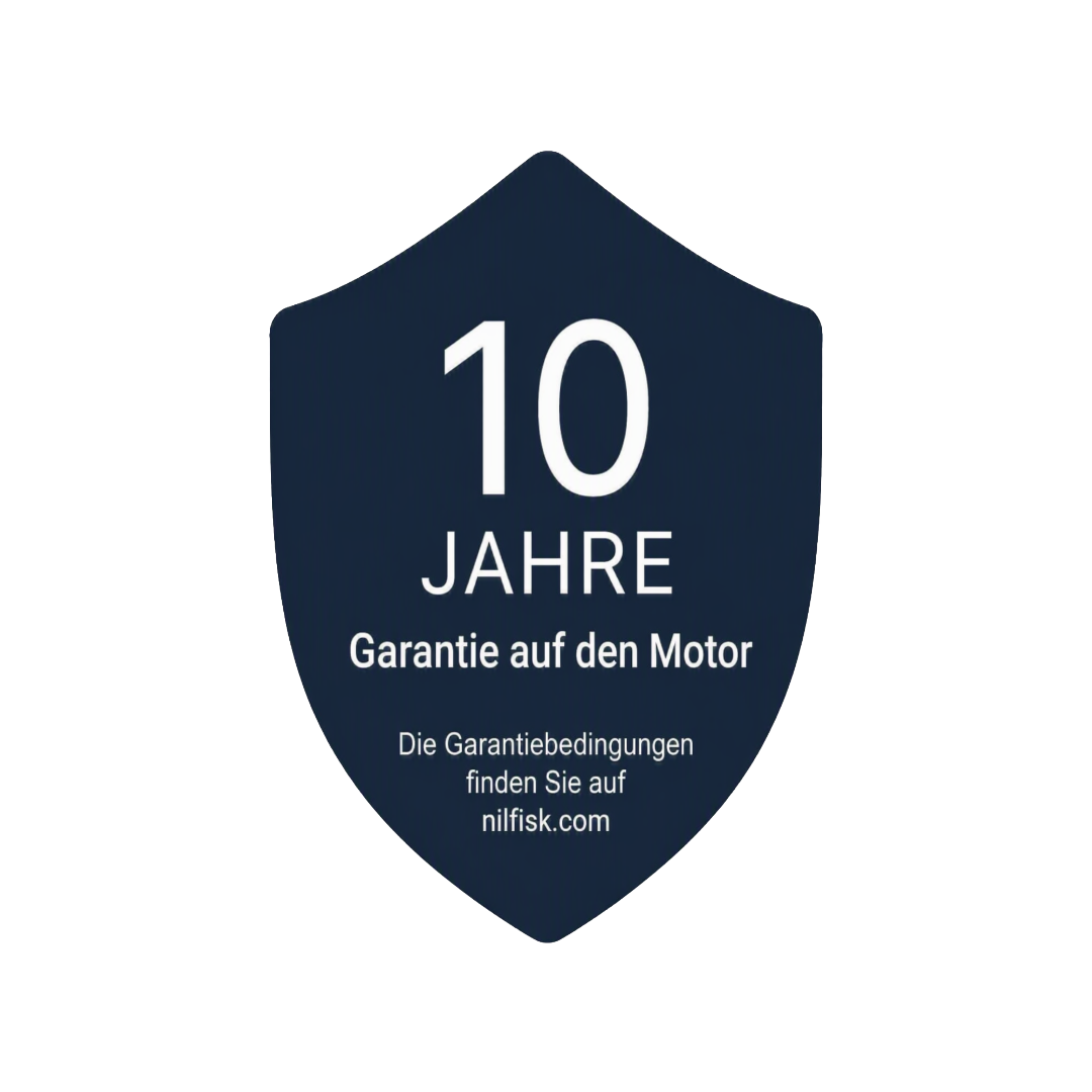 10 Jahre Garantie auf den Motor auf dunkelblauem Schild.