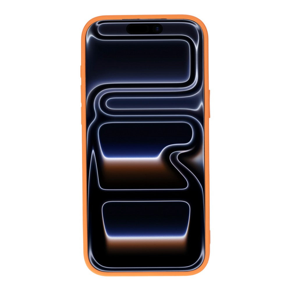 Parlak çizgili, koyu soyut duvar kağıdı gösteren turuncu bir iPhone.