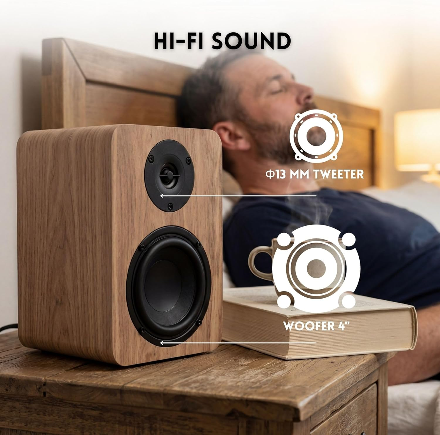 Altavoz de madera con tweeter y woofer junto a un hombre durmiendo.