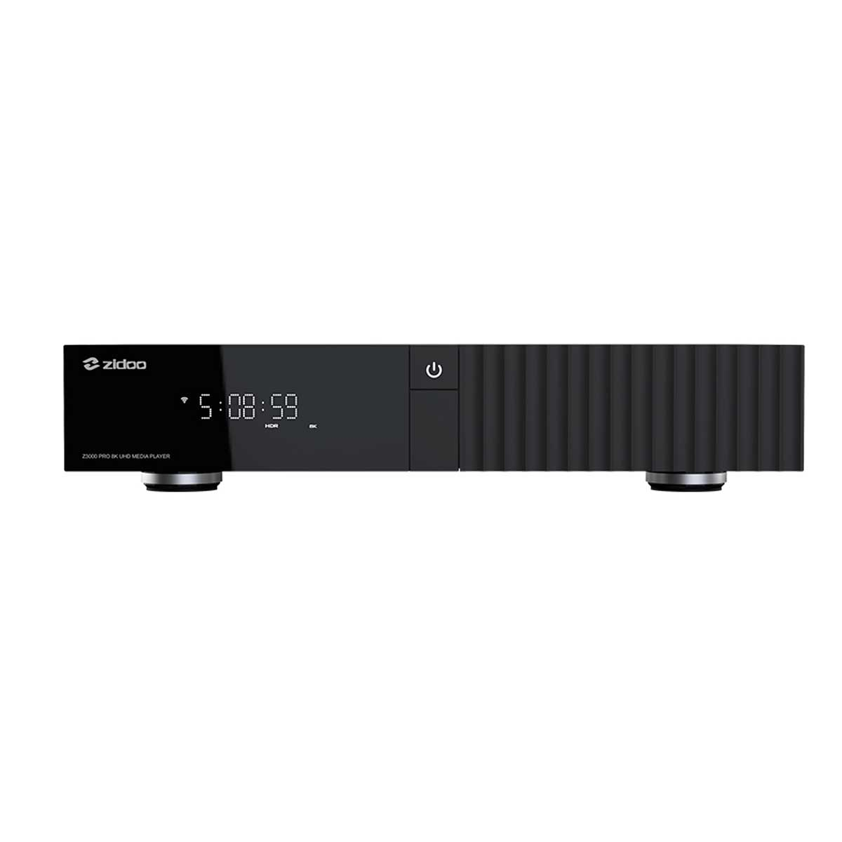 Reproductor multimedia 8K negro con pantalla y botón de encendido.