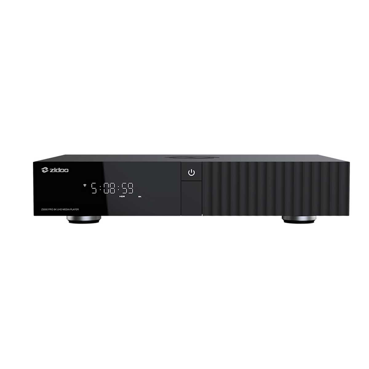 Un reproductor multimedia 4K UHD Zidoo Z2000 Pro negro con pantalla digital y botón de encendido.