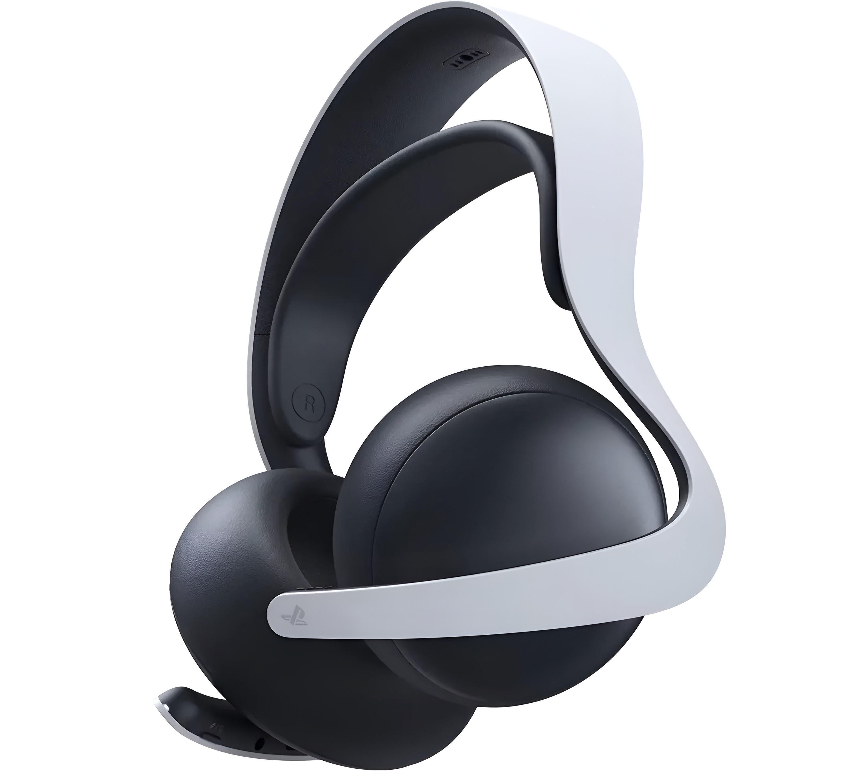 Auriculares blancos y negros con logo de PlayStation sobre fondo blanco.