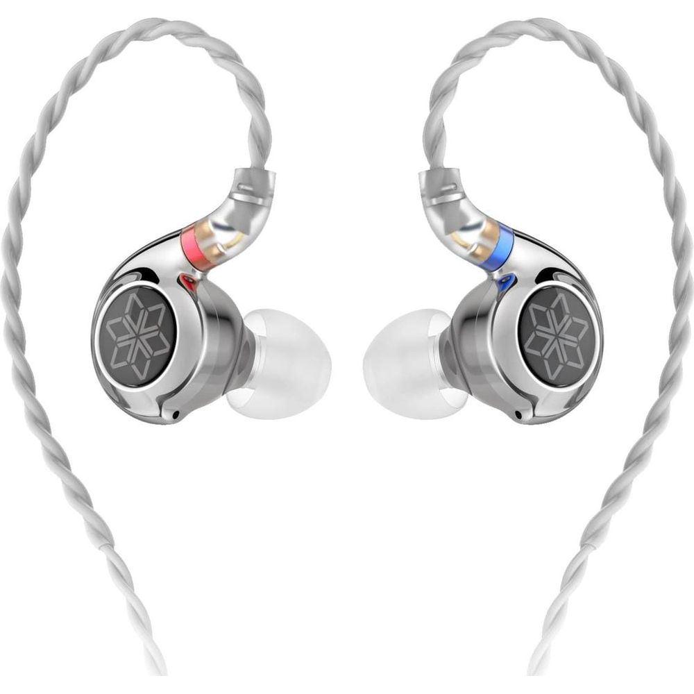 Auriculares plateados intrauditivos con cables y un patrón de estrella en las carcasas.