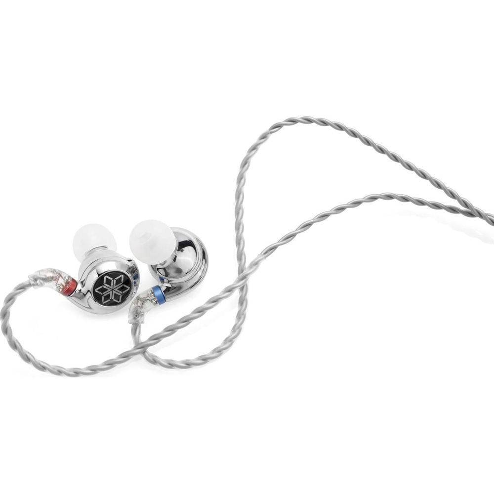 Auriculares plateados con puntas blancas y emblema de estrella.
